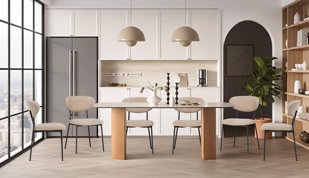  Essgruppe Travertin Tisch Roma + 6 Esszimmerstühle Kjeld Natur