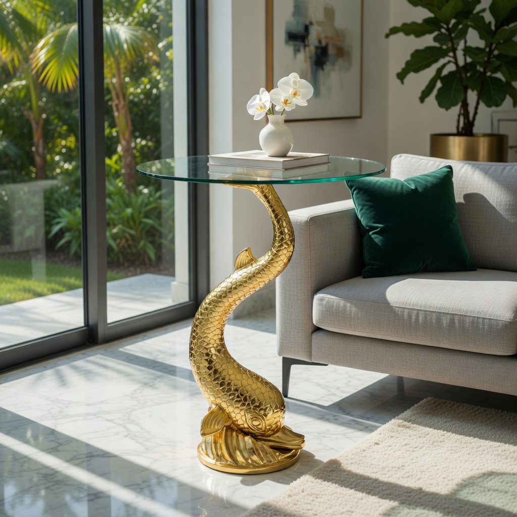 Beistelltisch Couchtisch Golden Fish Metall Glas