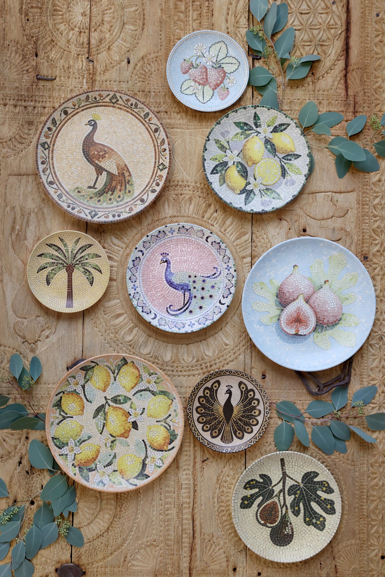 Mediteranes Mosaik Tablett Teller Steingut Chartres Pfau 1