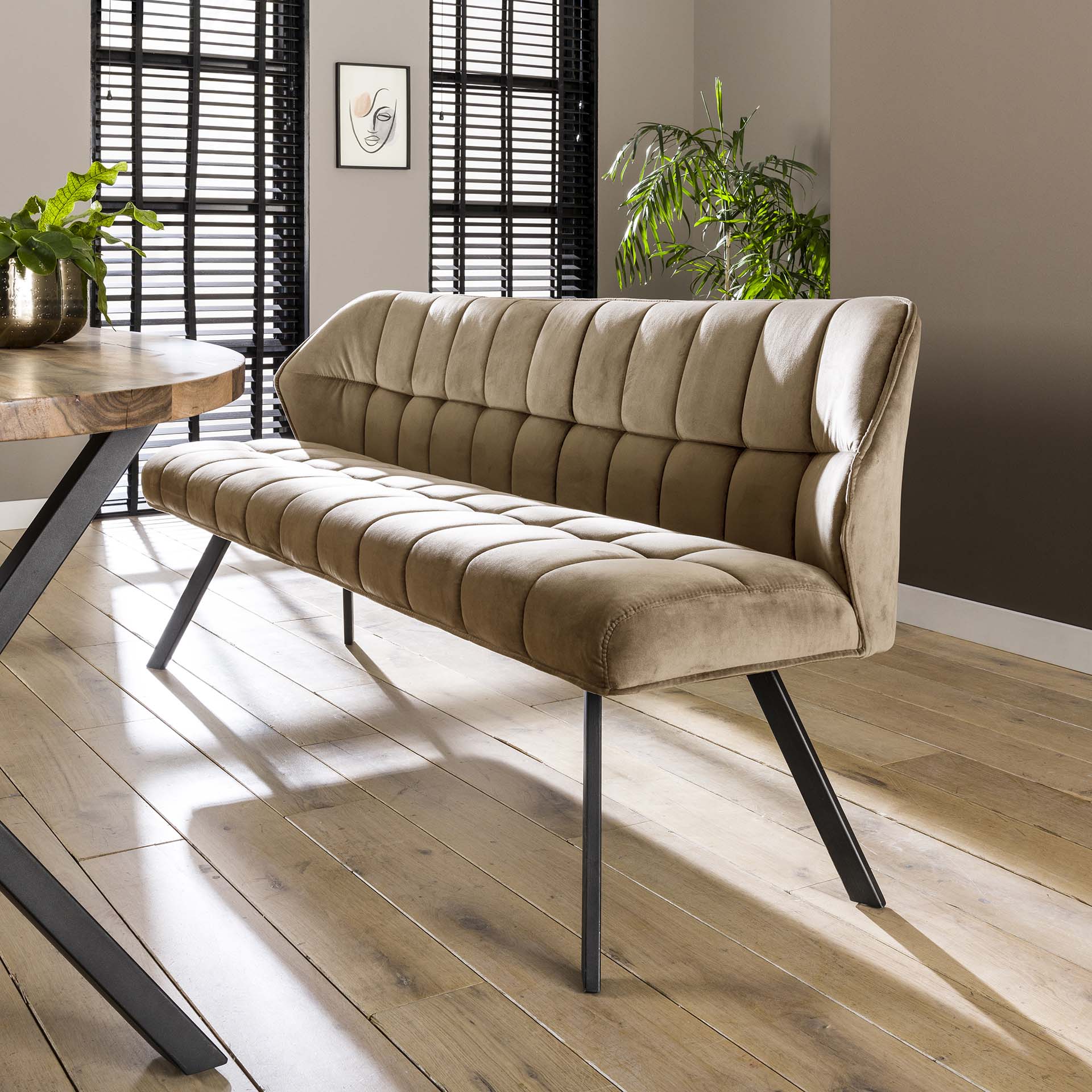 4955_55V_1 Esstischbank Polsterbank Raster Samt 180 Industrial Beige