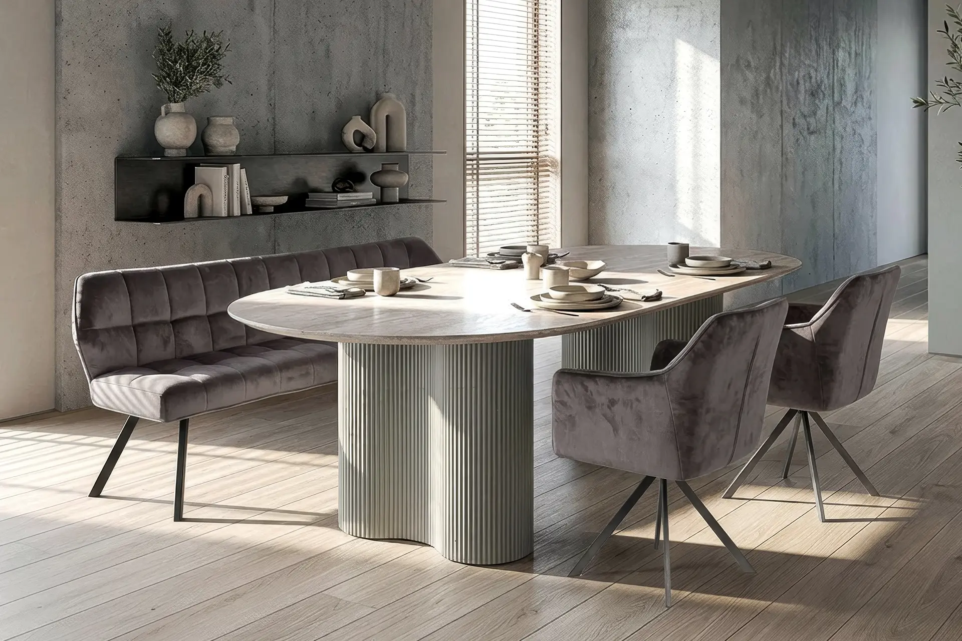 Essgruppe Bari 180 Travertin Metall + 2 Stühle + Bank Raster Samt Anthrazit