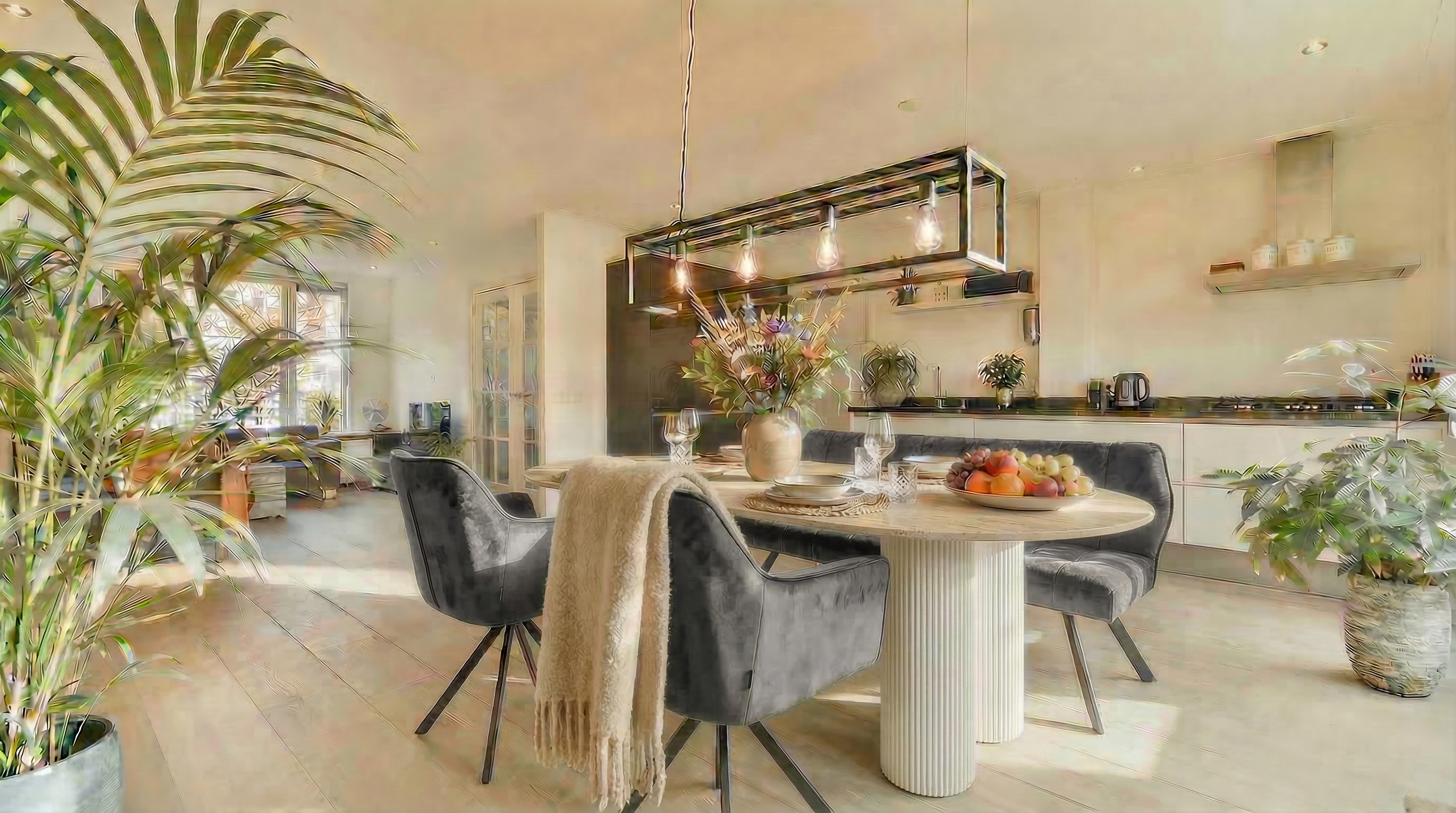 Essgruppe Bari 180 Travertin Metall + 2 Stühle und Bank Raster Samt Anthrazit