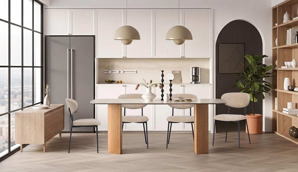  Essgruppe Travertin Tisch Roma + 4 Esszimmerstühle Kjeld Natur