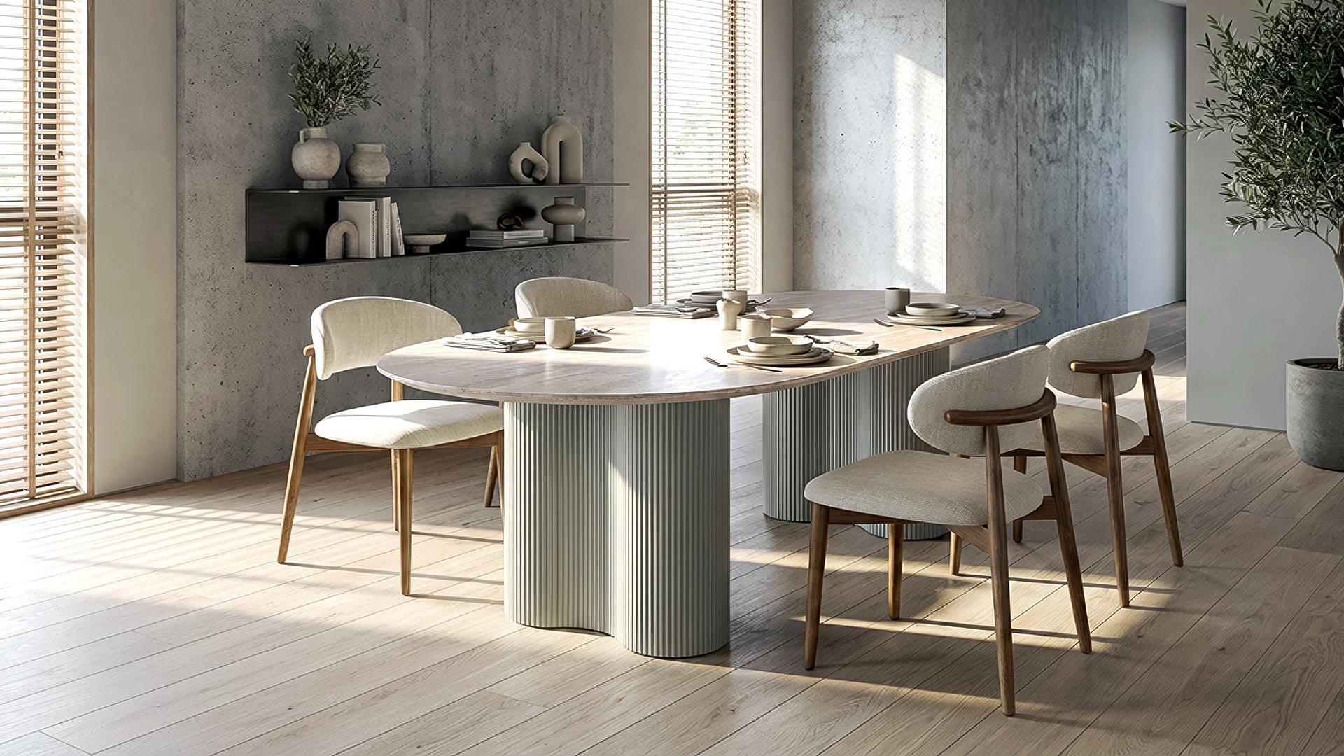 Essgruppe Bari 160 Travertin Metall + 4 Holzstühle Linea