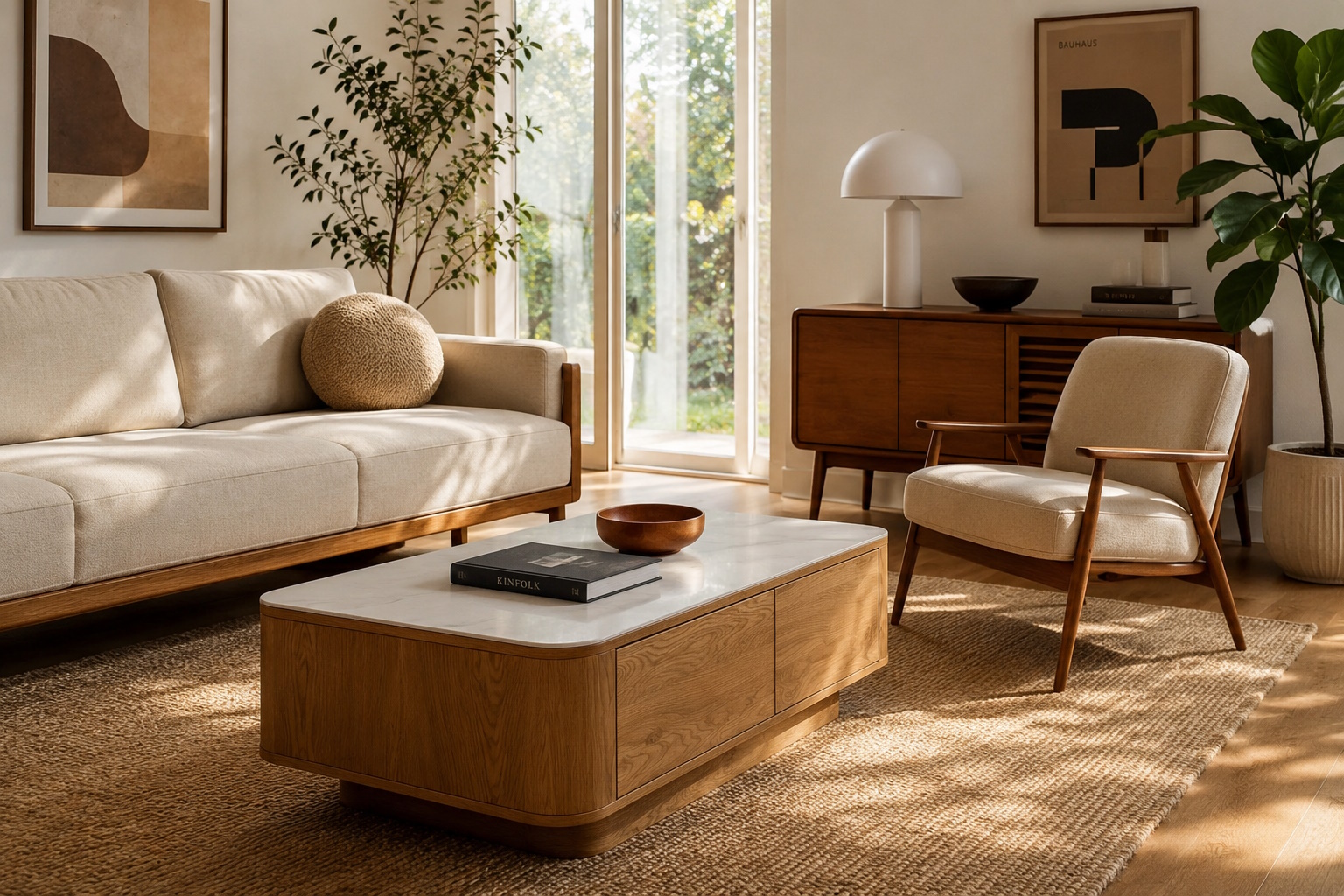 Couchtisch Almira Warm-Scandi 2-Schub Eiche Marmoroptik