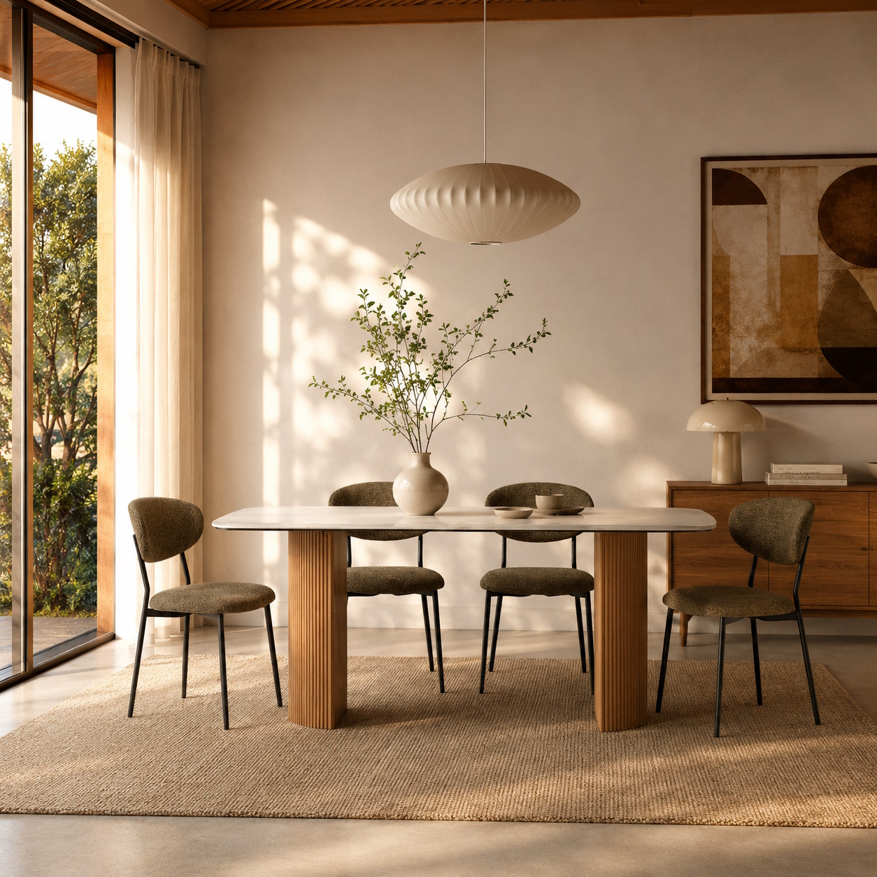  Essgruppe Travertin Tisch Roma + 4 Esszimmerstühle Kjeld Grün