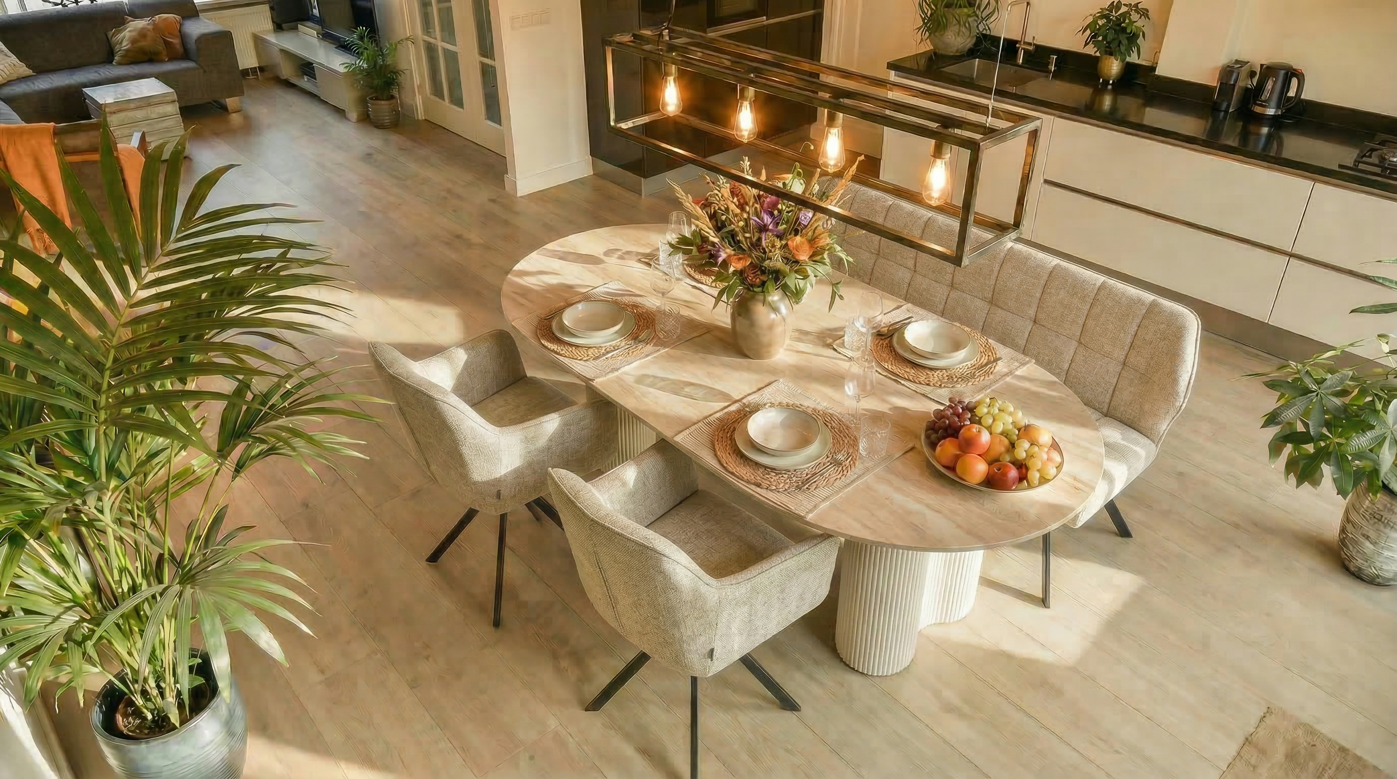 Essgruppe Bari 180 Travertin Metall + 2 Stühle + Bank Raster Strukturstoff Sand