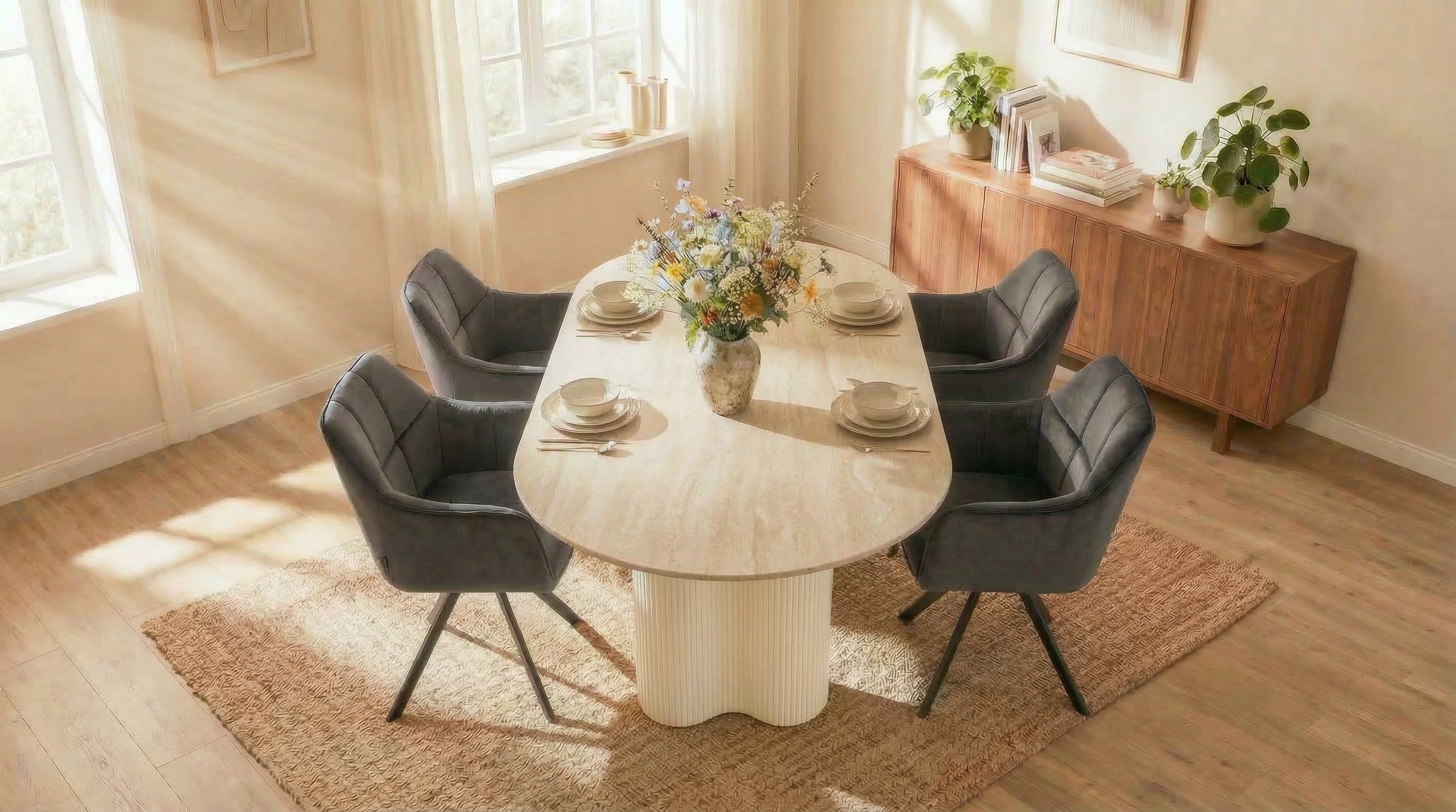 Essgruppe Bari 180 Travertin Metall + 4 Stühle Raster Samt Anthrazit