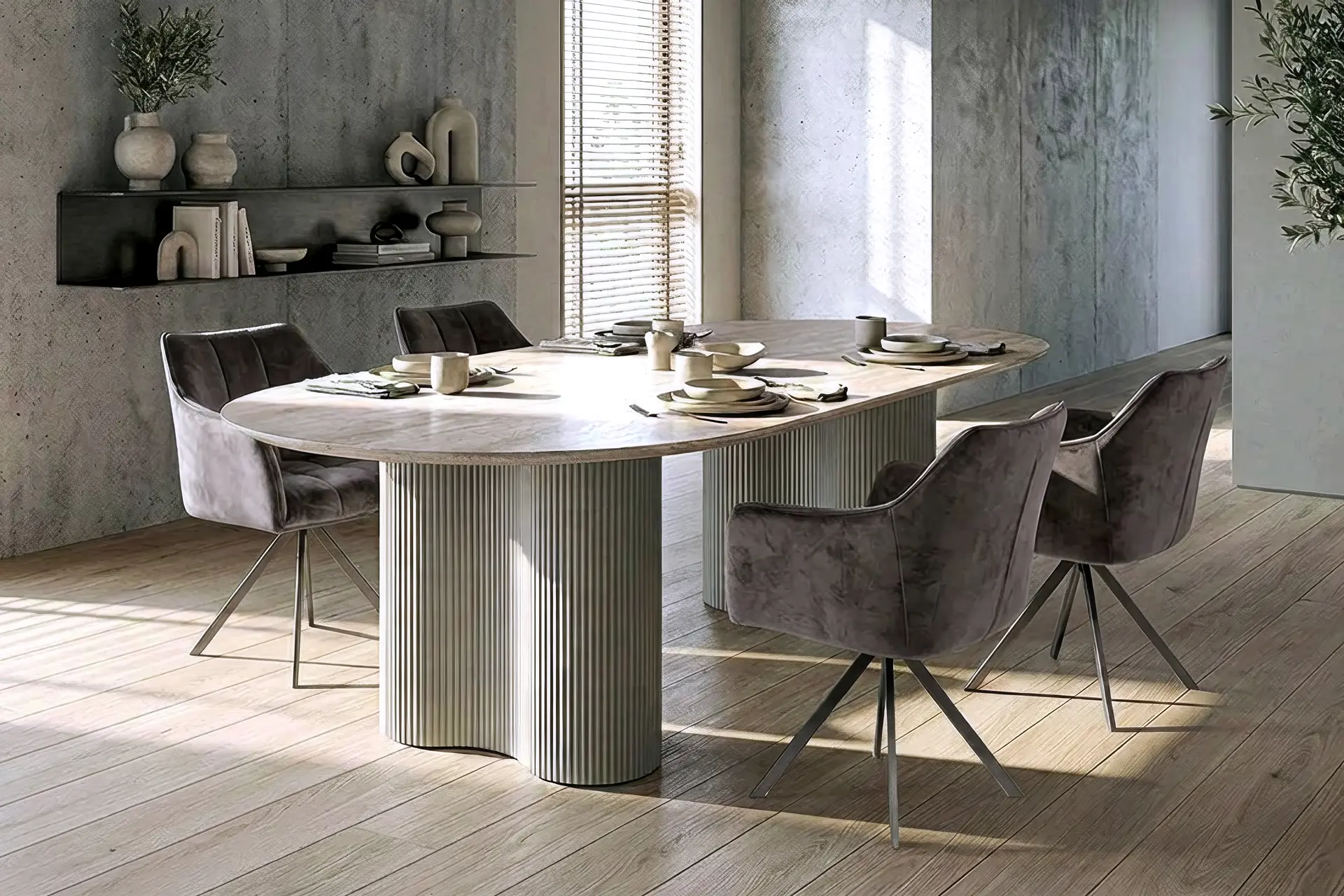 Essgruppe Bari 180 Travertin Metall + 4 Stühle Raster Samt Anthrazit