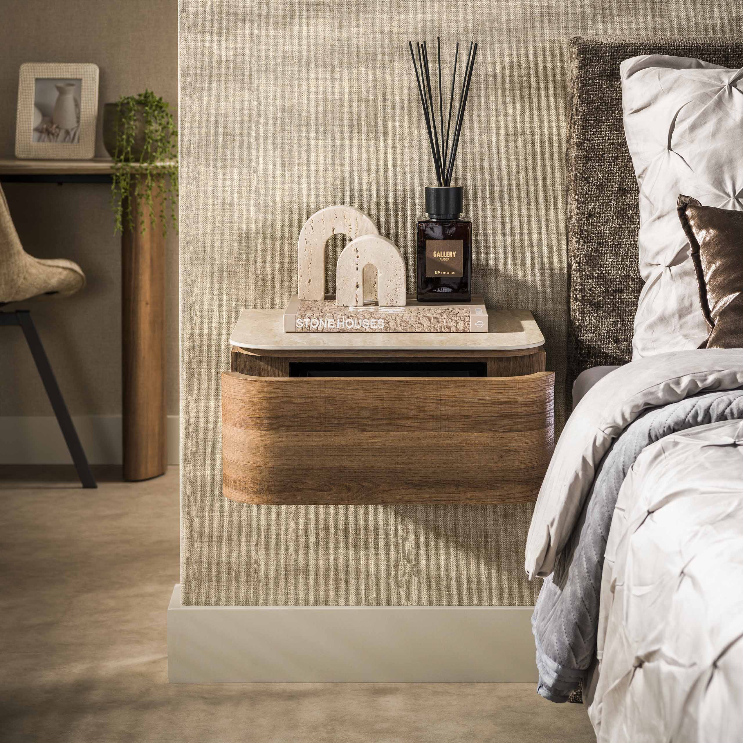 Nachttisch Cassetto Travertin Keramik mit Wandhalterung Eiche Travertin