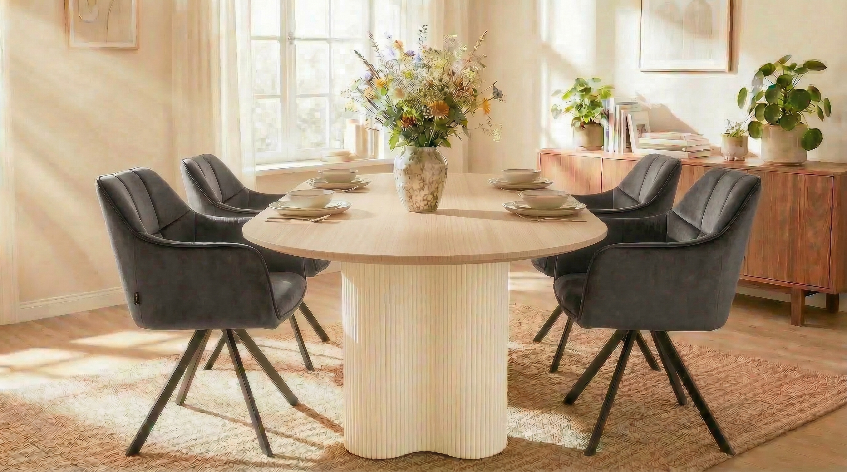 Essgruppe Bari 180 Travertin Metall + 4 Stühle Raster Samt Anthrazit