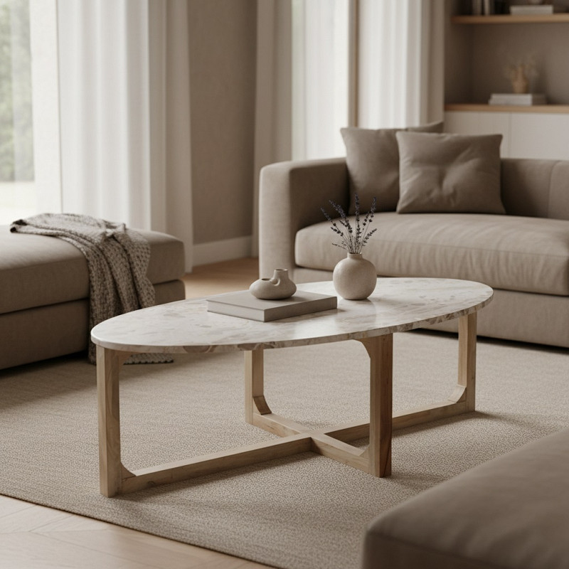 Retro Couchtisch Marble Marmor Holz oval Cream