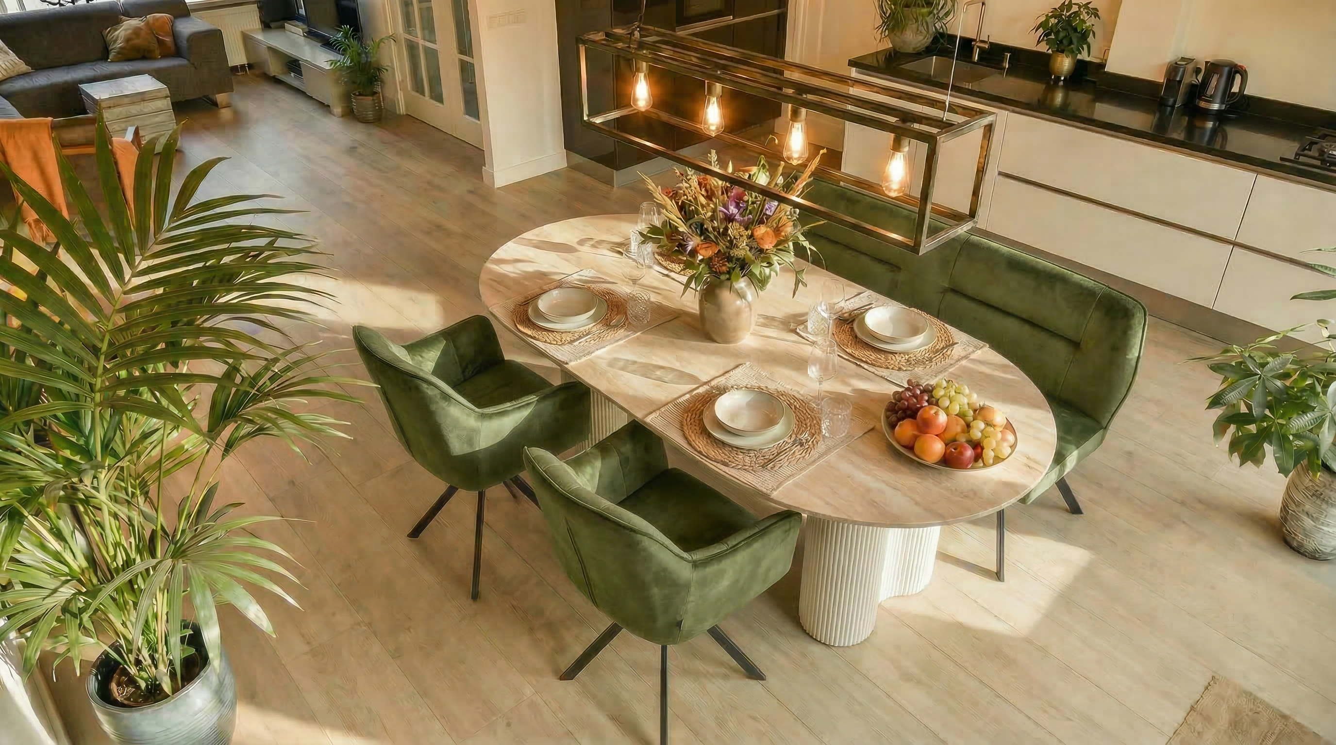 Essgruppe Bari 180 Travertin Metall + 2 Stühle Raster + Bank Samt Grün