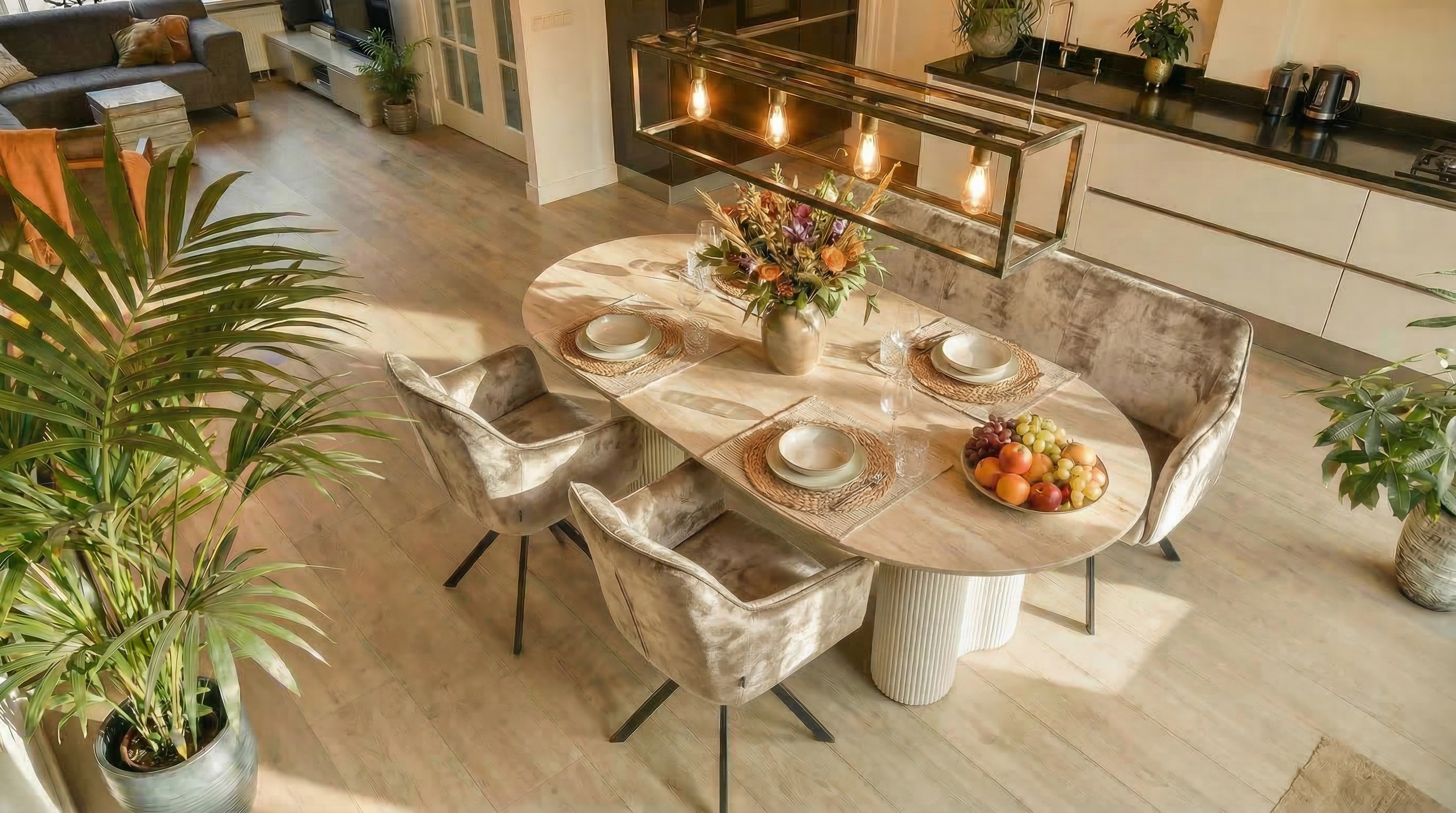 Essgruppe Bari 180 Travertin Metall + 2 Stühle + Bank Raster Samt Champagner