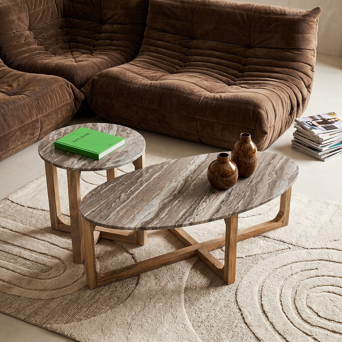 Retro Couchtisch Marble Marmor Holz Oval Grau/Braun