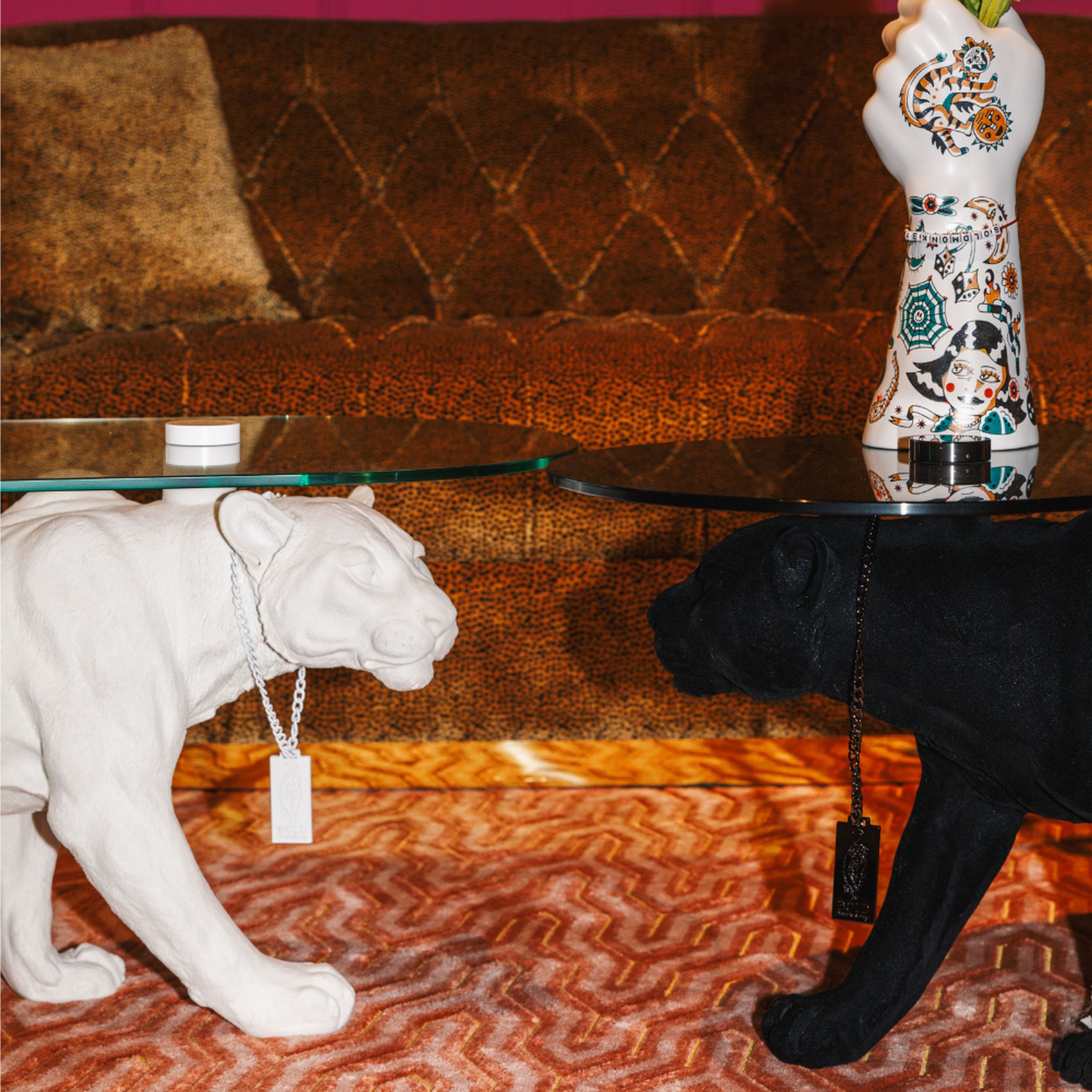 Retro Beistelltisch Couchtisch Dope As Hell Panther Rauchglasplatte Schwarz