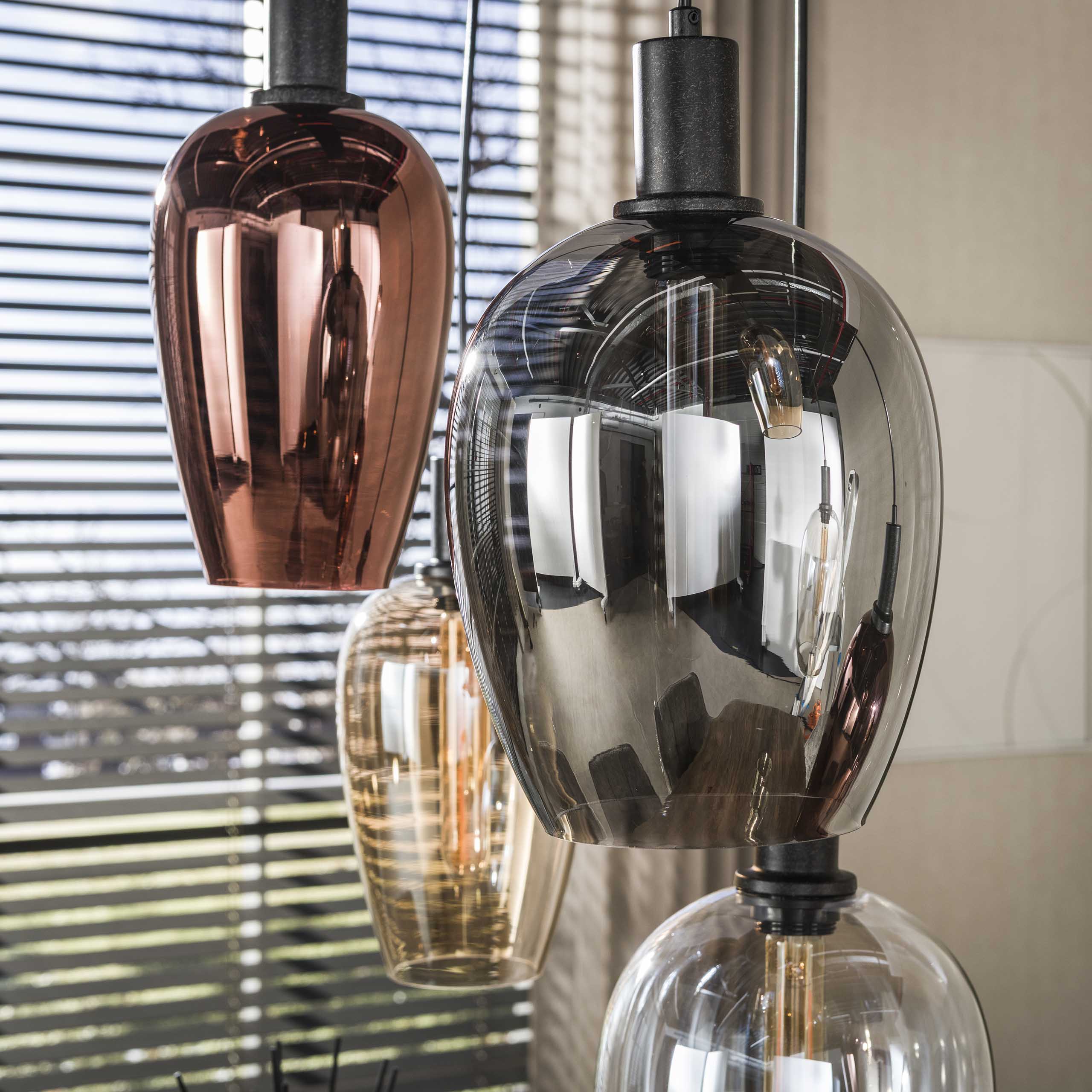 Hängelampe Pendelleuchte 7 Amphoren Glas Bernstein Kupfer Chrom 