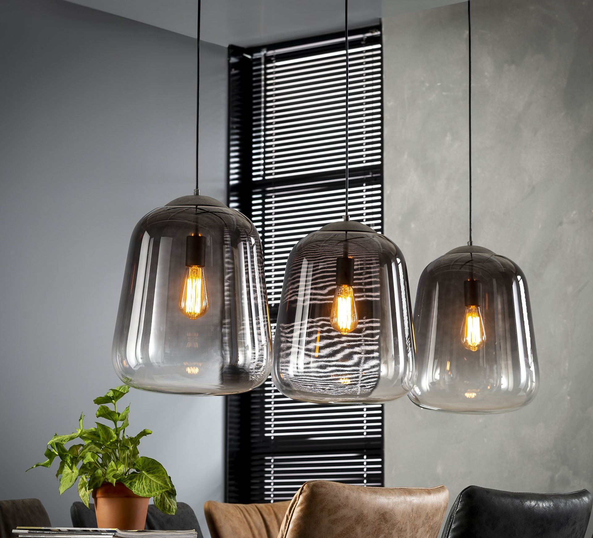 Hängelampe Bulb 3er Industrial Rauchglas Shaded Altsilber XL