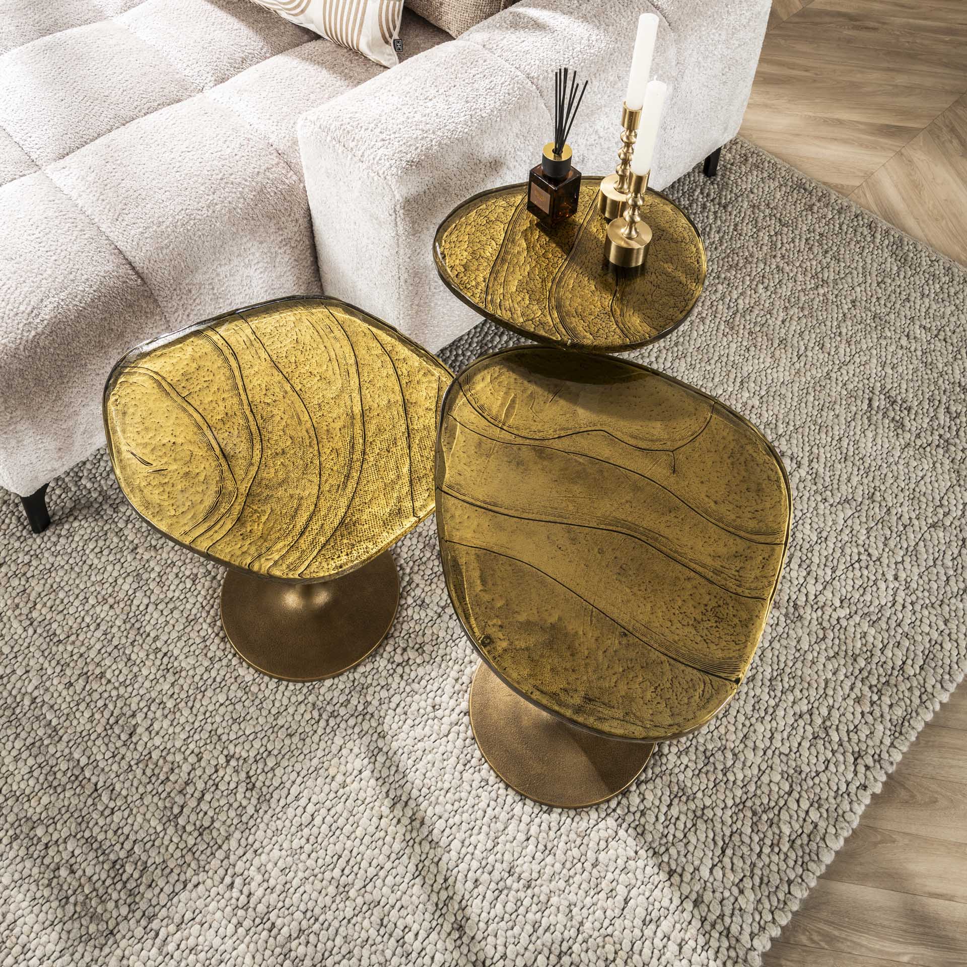 Retro Beistelltische Eclipse Glas Metall Antik-Gold oder Kupfer