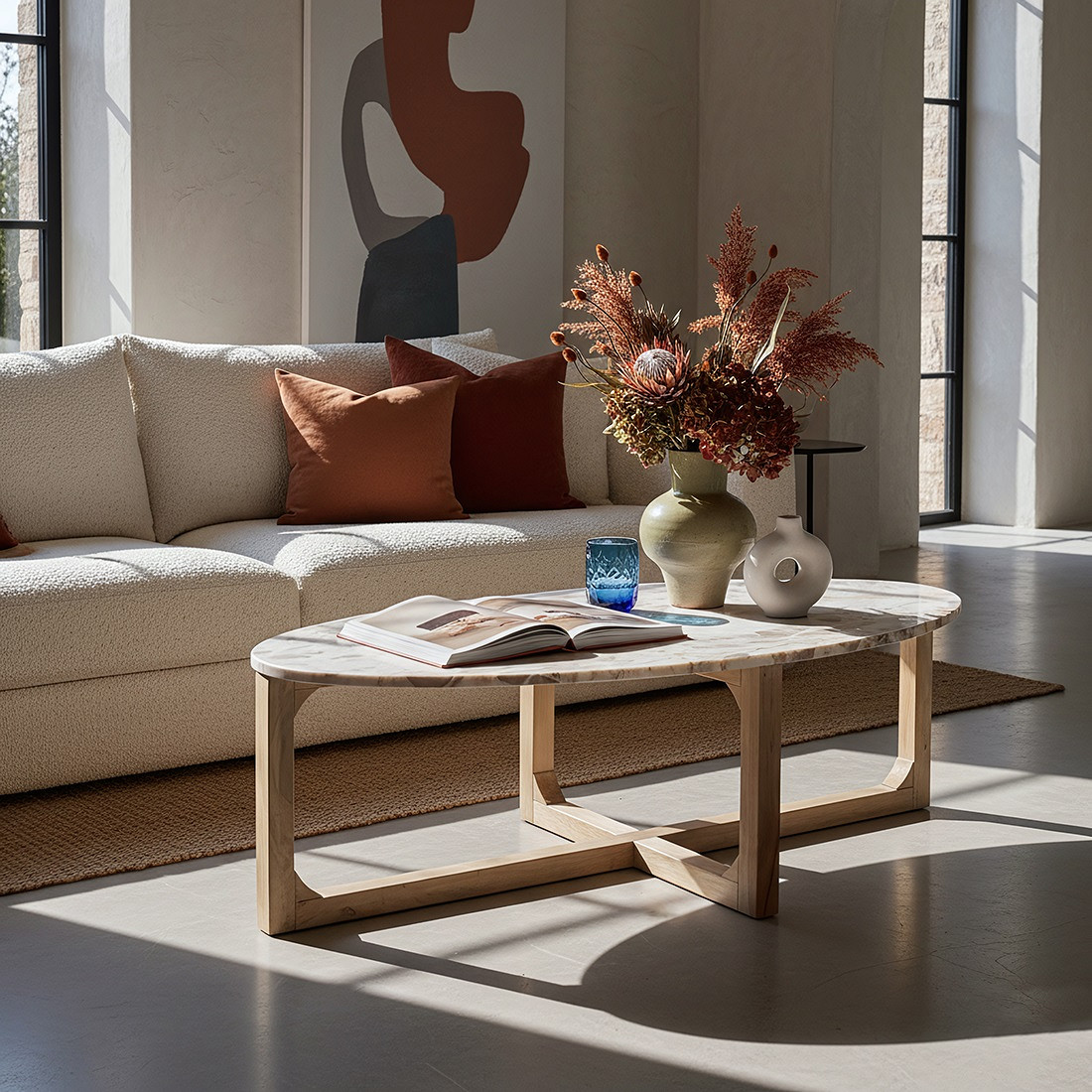 Retro Couchtisch Marble Marmor Holz oval Cream