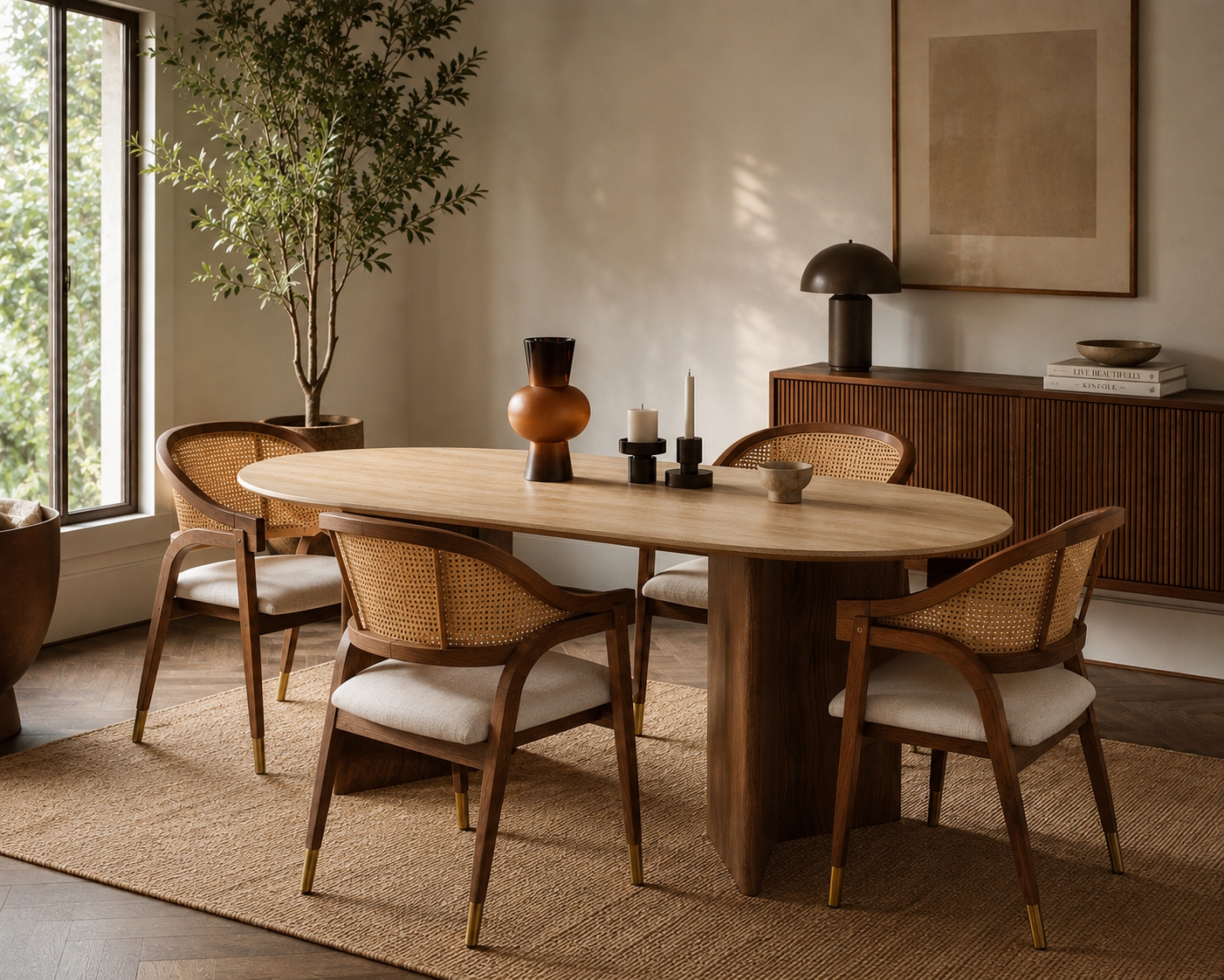 Essgruppe Tivoli Travertin Keramik 180 / 200 Massivholz Esche + 4 / 6 Stühle Aureo Walnuss
