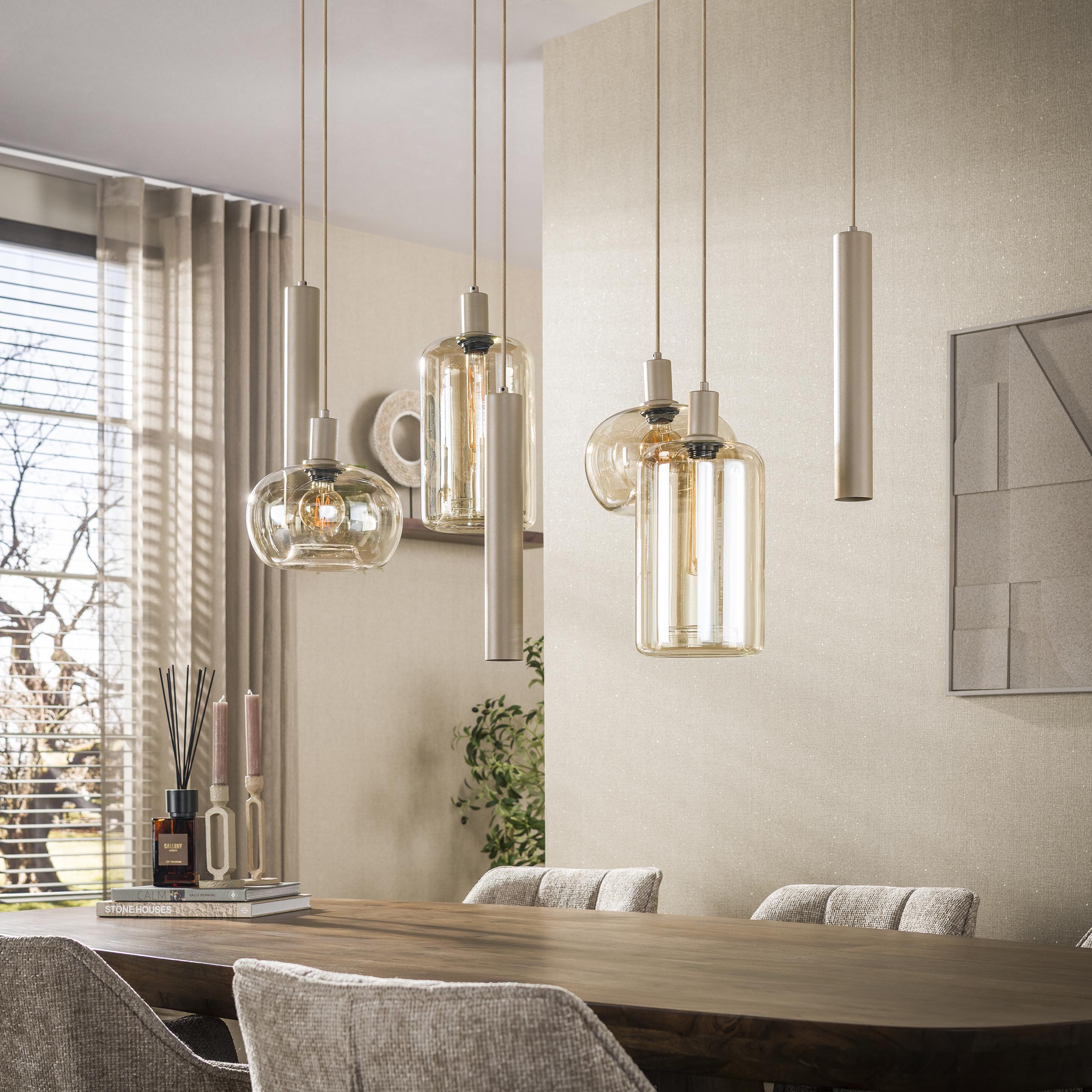 Hängelampe Industrial Serene Beige Glas Metallpendel 4 + 3
