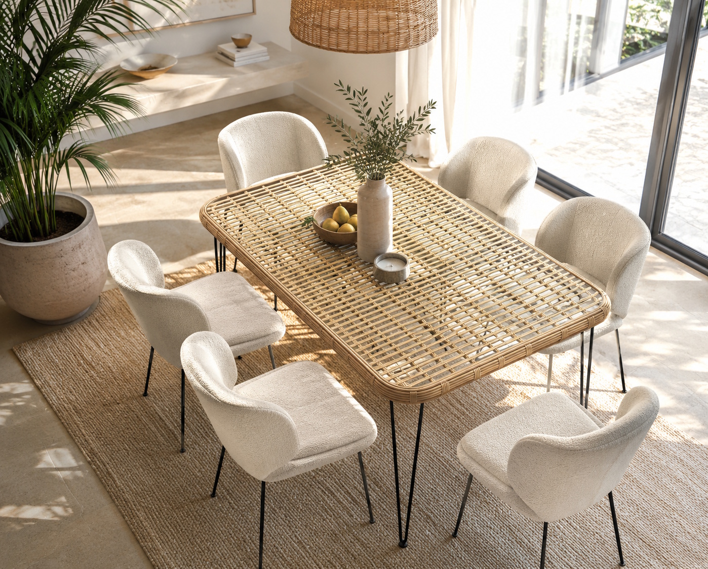 Rattan Esstisch 180/90 Hacienda Natur Bambusoptik In/Outdoor Glasplatte