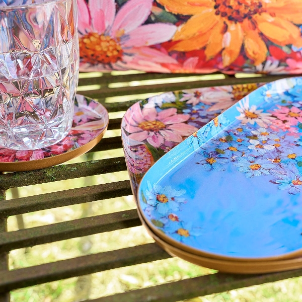 Vintage Tablett 3er Set Garden of Eden Blumenmotive Metall Blau