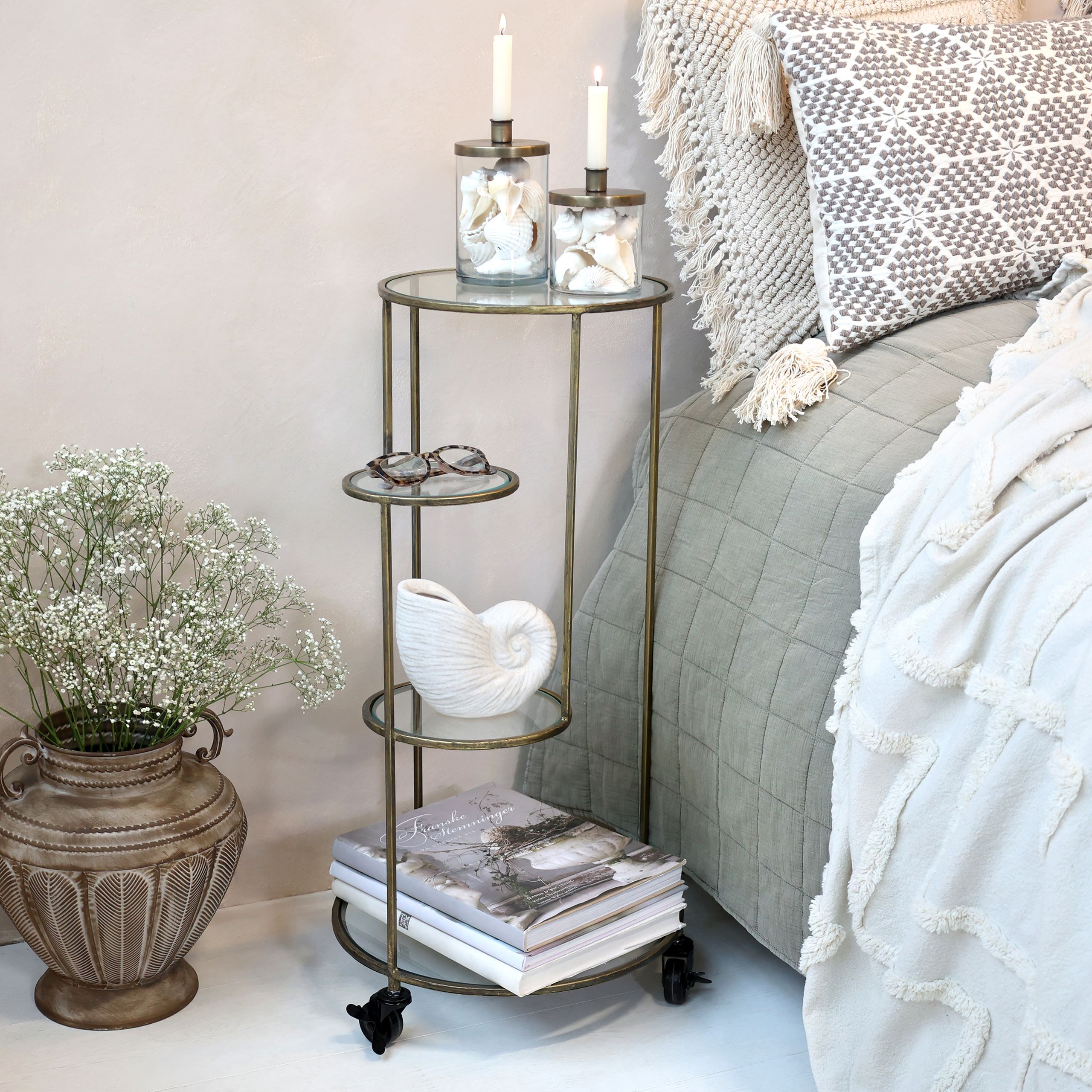 Vintage Beistelltisch Nachttisch Zoé Metall Antik-Gold 4 Ablagen
