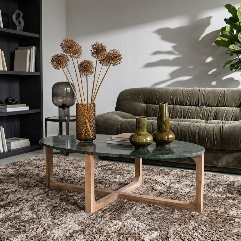 Retro Couchtisch Marble Marmor Holz Oval Grün