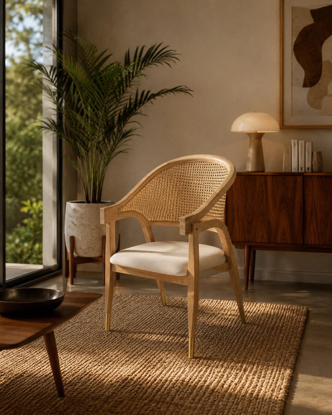 Esszimmerstuhl Aureo Mid-Century Massivholz Rattan Natur