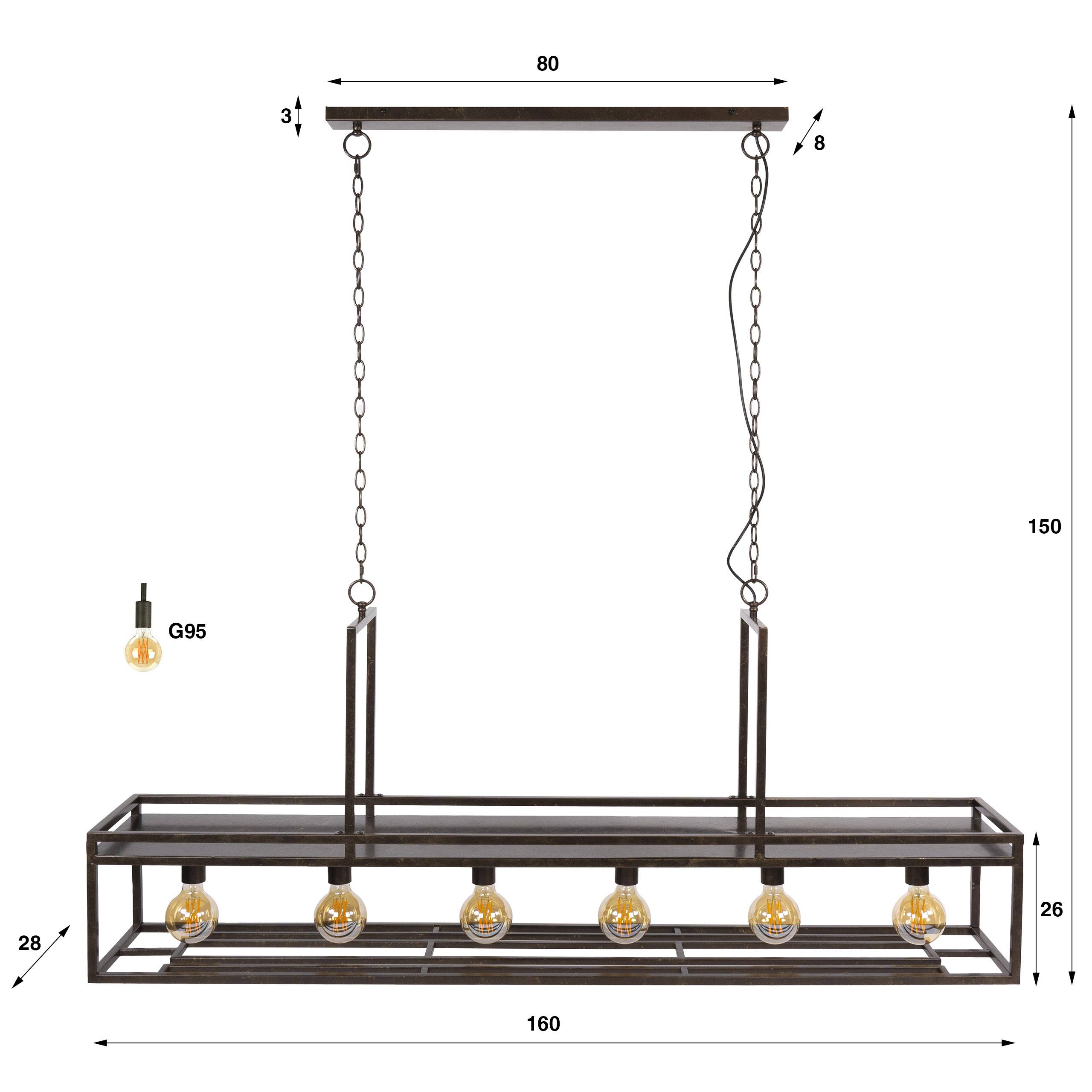Industrial Hängelampe Decorate mit Ablage und Gläserhalter Gastronomie 160 cm