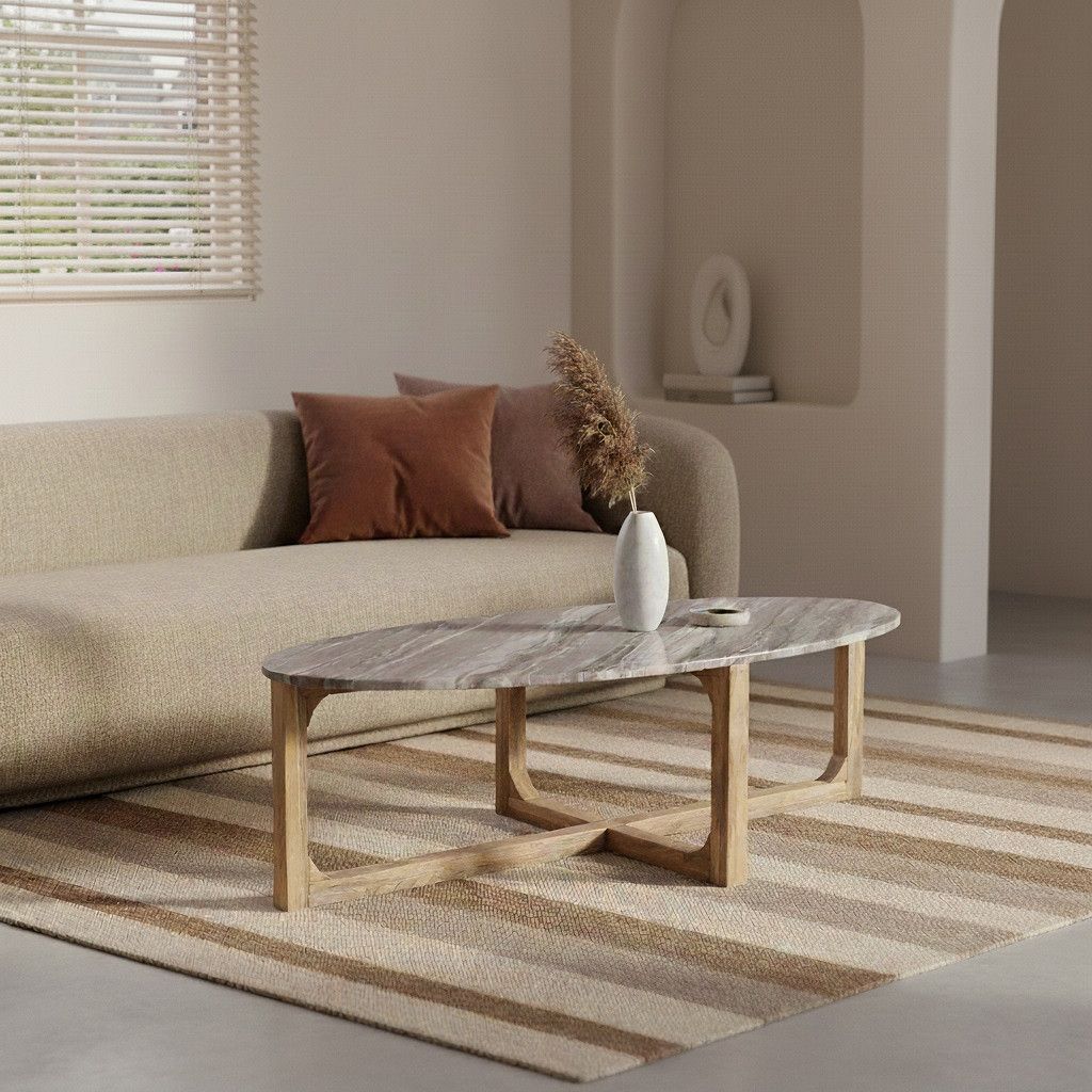 Retro Couchtisch Marble Marmor Holz oval Grau