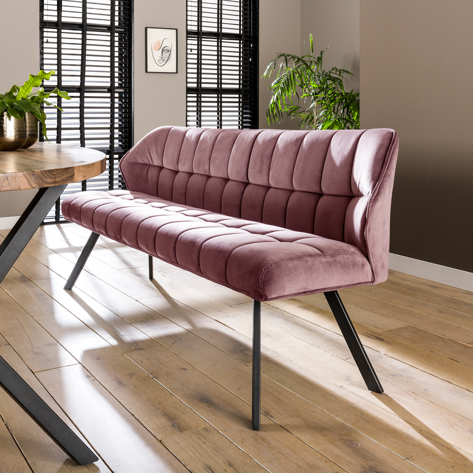 4955_70V_1 Esstischbank Polsterbank Raster Samt 180 Industrial Rosa
