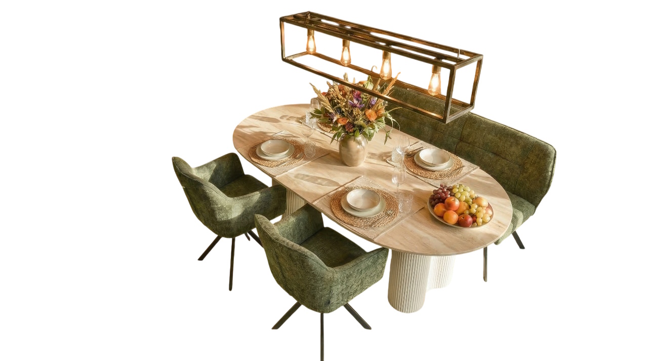 Essgruppe Bari 180 Travertin Metall + 2 Stühle und Bank Raster Strukturstoff Grün