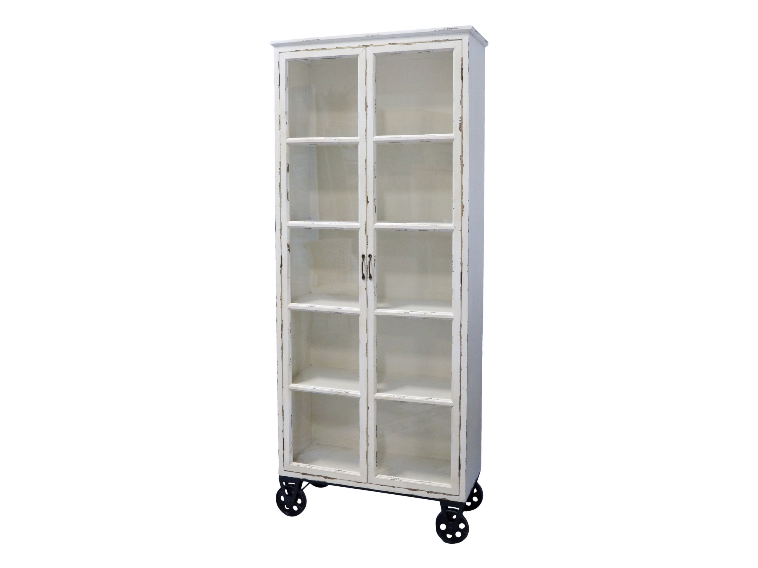 Vitrine Provence Landhaus Shabby Chic Cremeweiß Räder Vintage