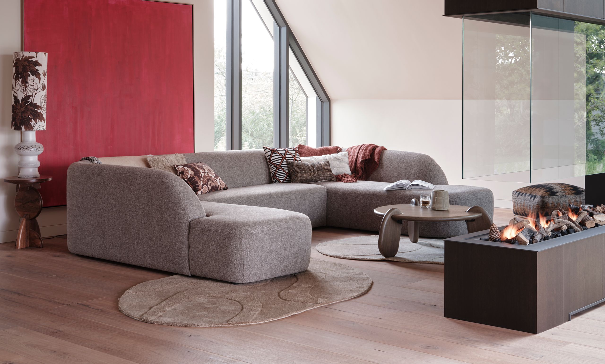 Retro Sofa Couch Sloping U-Form Organic Grau