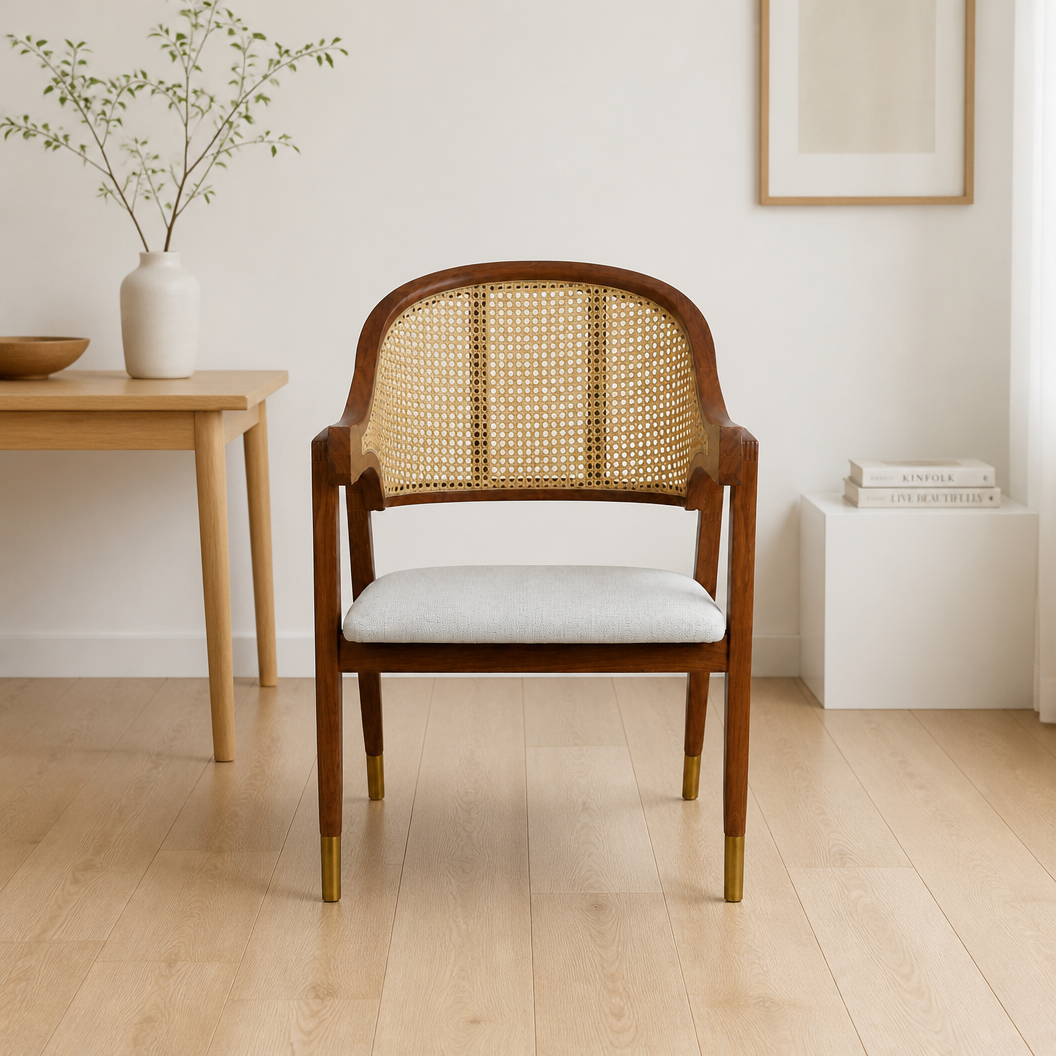 Esszimmerstuhl Aureo Mid-Century Massivholz Rattan Walnuss
