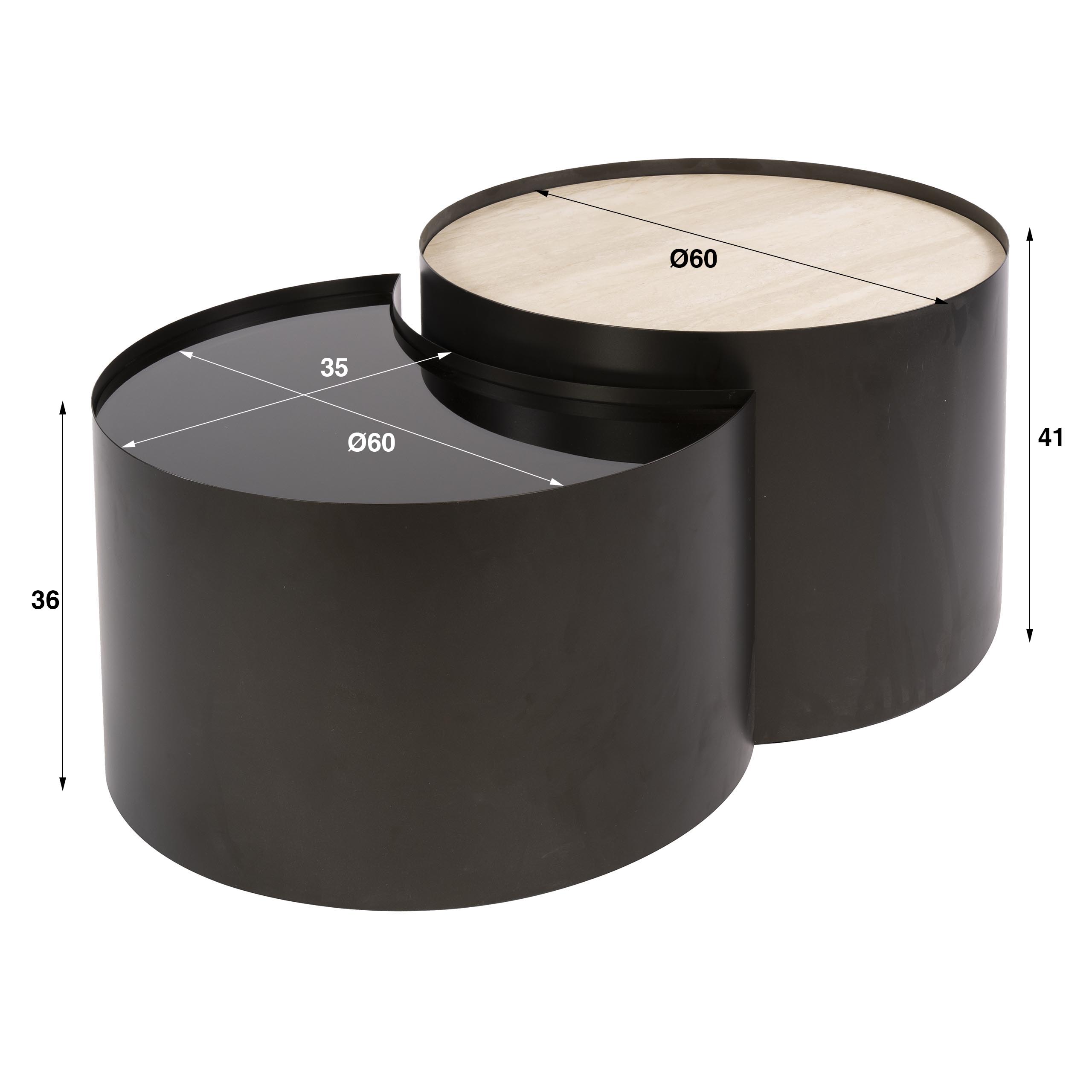 Industrial Couchtisch Set Half Moon Metall Rauchglas Travertin