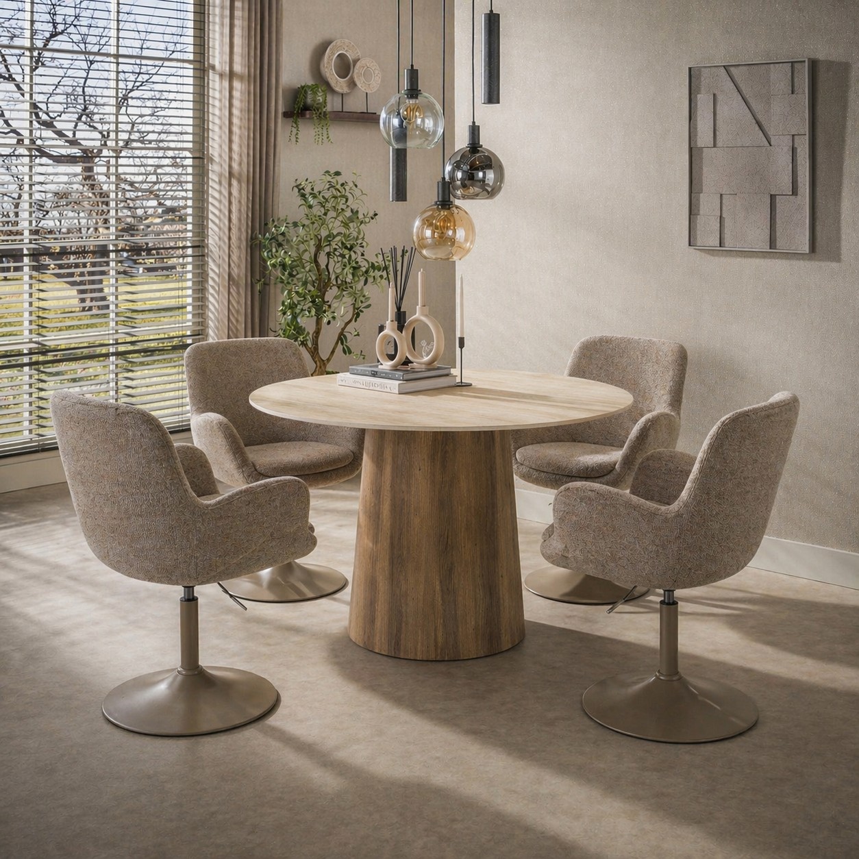 Retro Esstisch Romano Centro Rund Travertin Keramik Eichenoptik 120