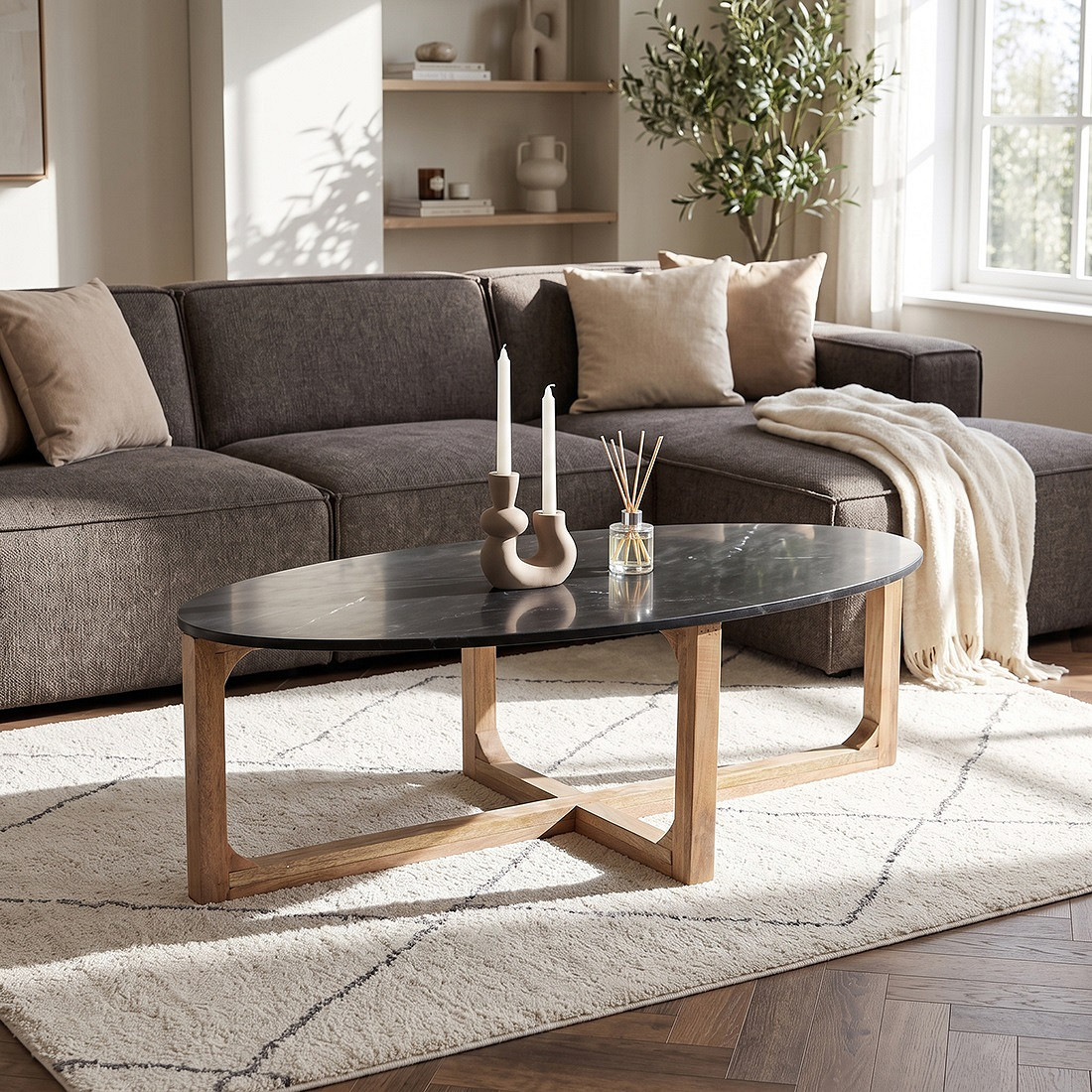 Retro Couchtisch Marble Marmor Holz Oval Schwarz