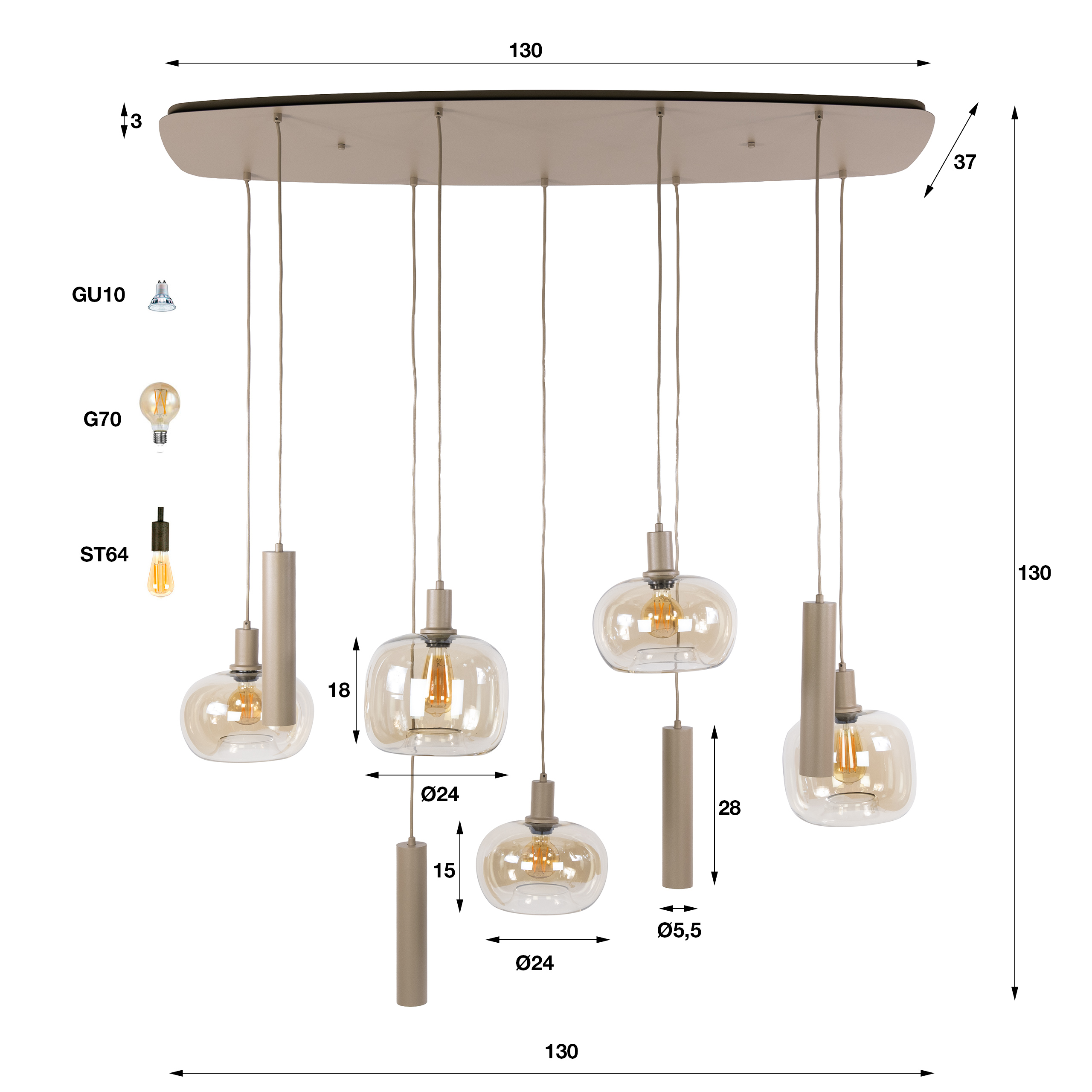 Hängelampe Industrial Serene Beige Glas Metallpendel 5 + 4