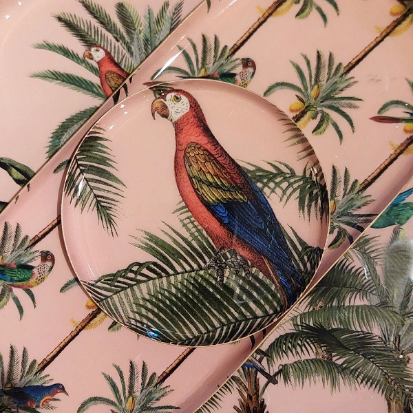 Vintage Tablett 3er Set Palmen und Papageien Metall 