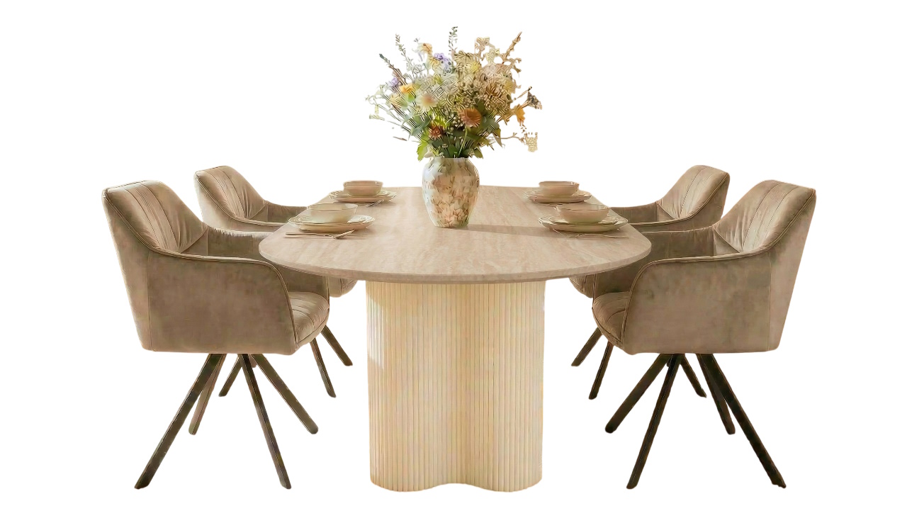 Essgruppe Bari 180 Travertin Metall + 4 Stühle Raster Samt Champagner