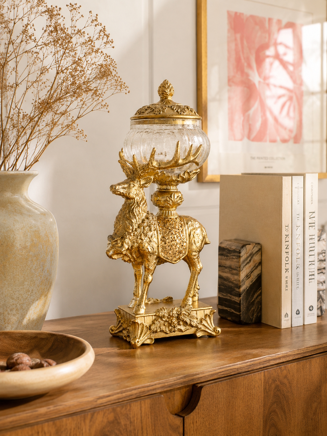 Dekofigur Vorratsdose Hirsch Gold mit Glasschale