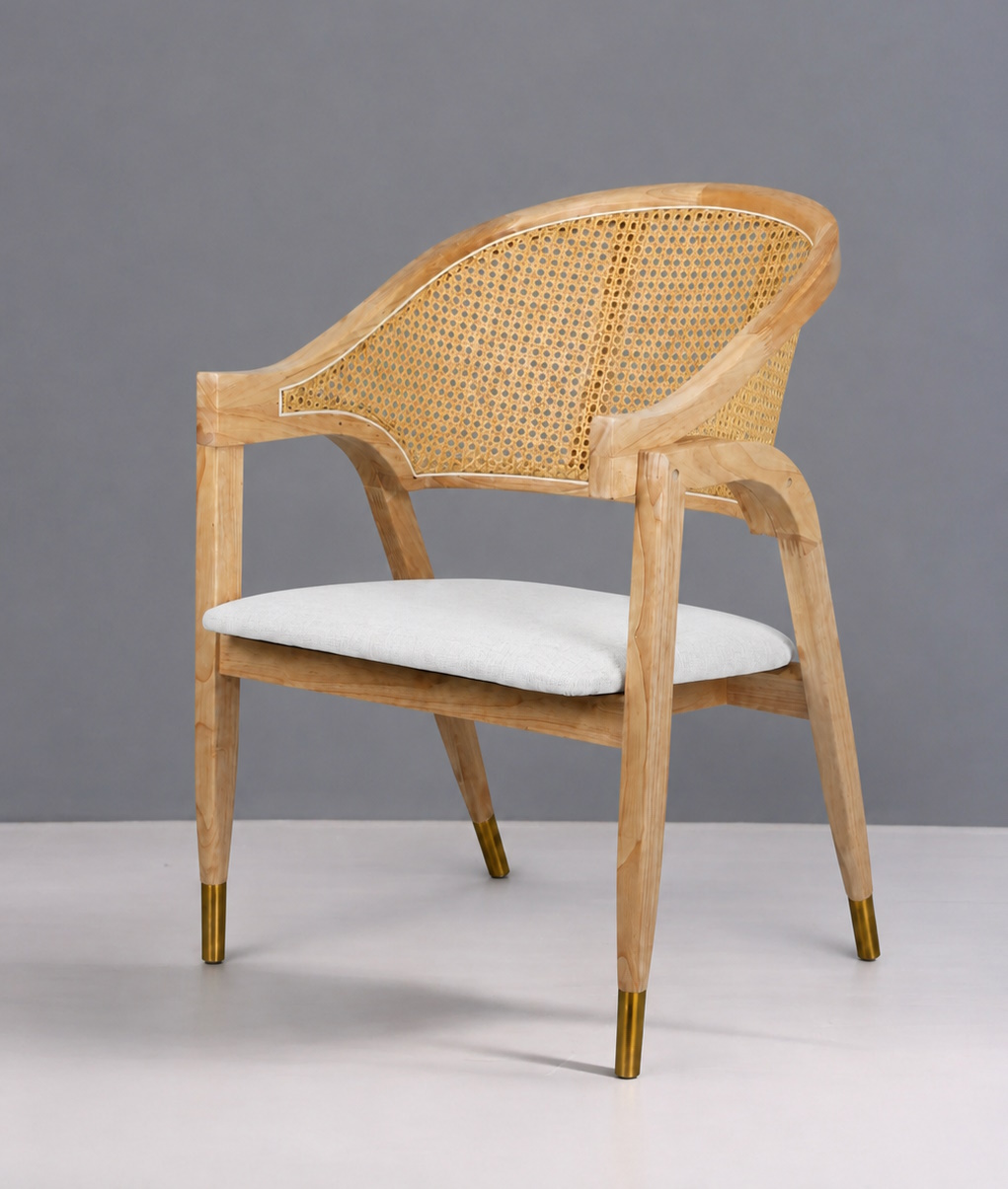 Esszimmerstuhl Aureo Mid-Century Massivholz Rattan Natur
