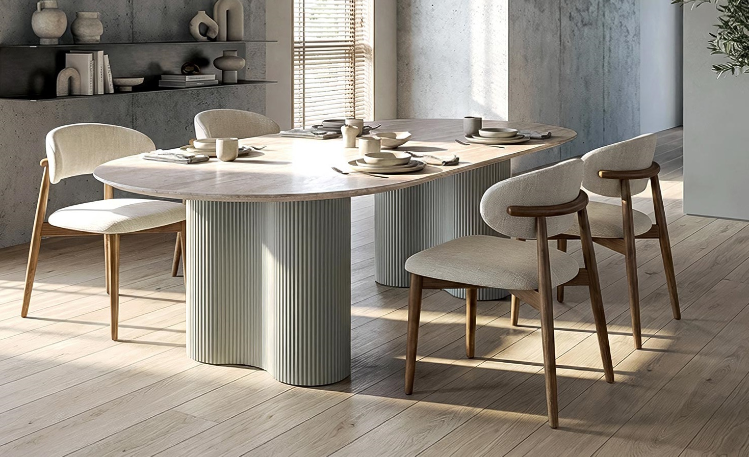 Essgruppe Bari 160/180 Travertin Metall + 4/6 Holzstühle Linea