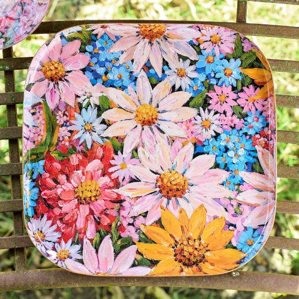 Vintage Tablett 3er Set Garden of Eden Blumenmotive Metall Blau