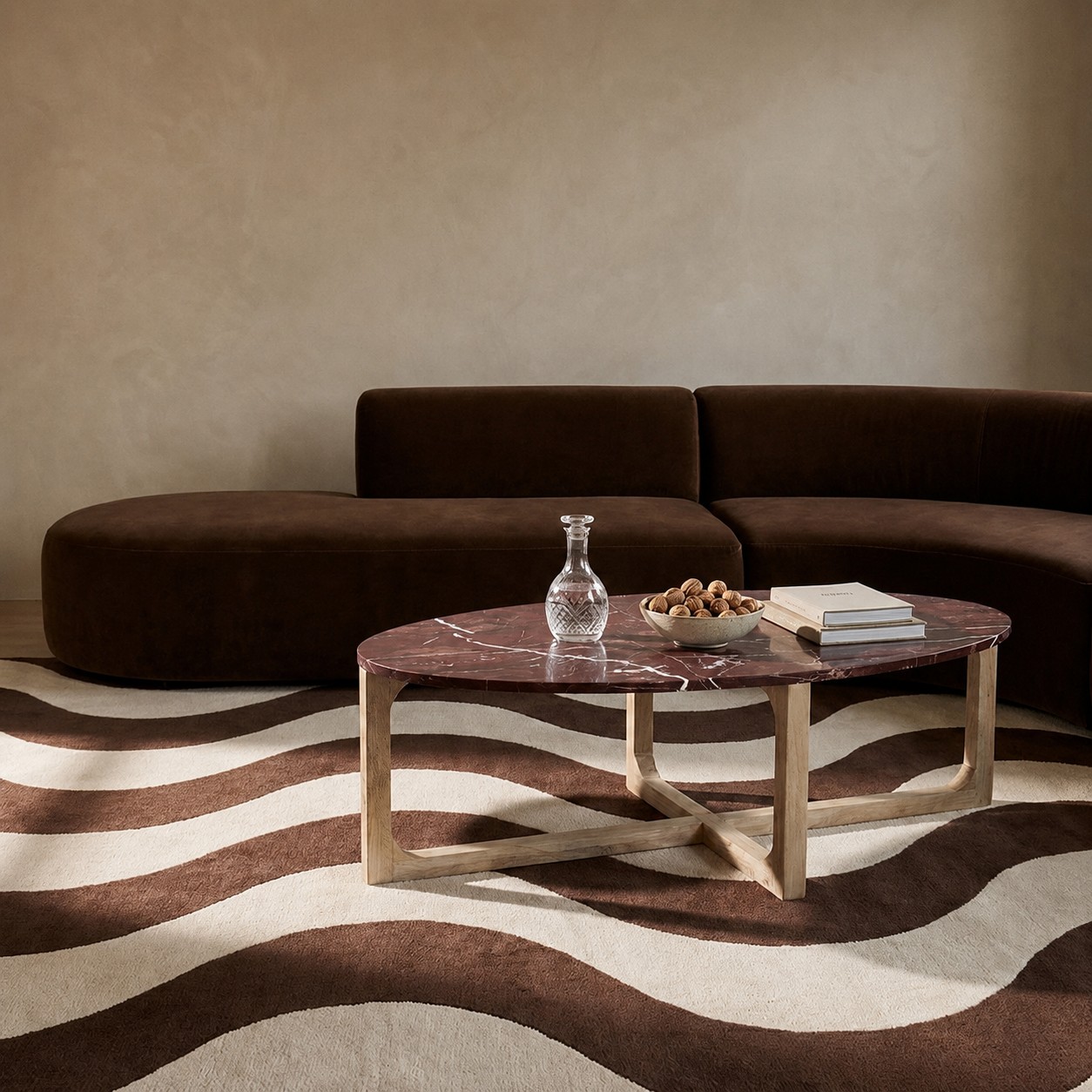 Retro Couchtisch Marble Marmor Holz Oval Cherry