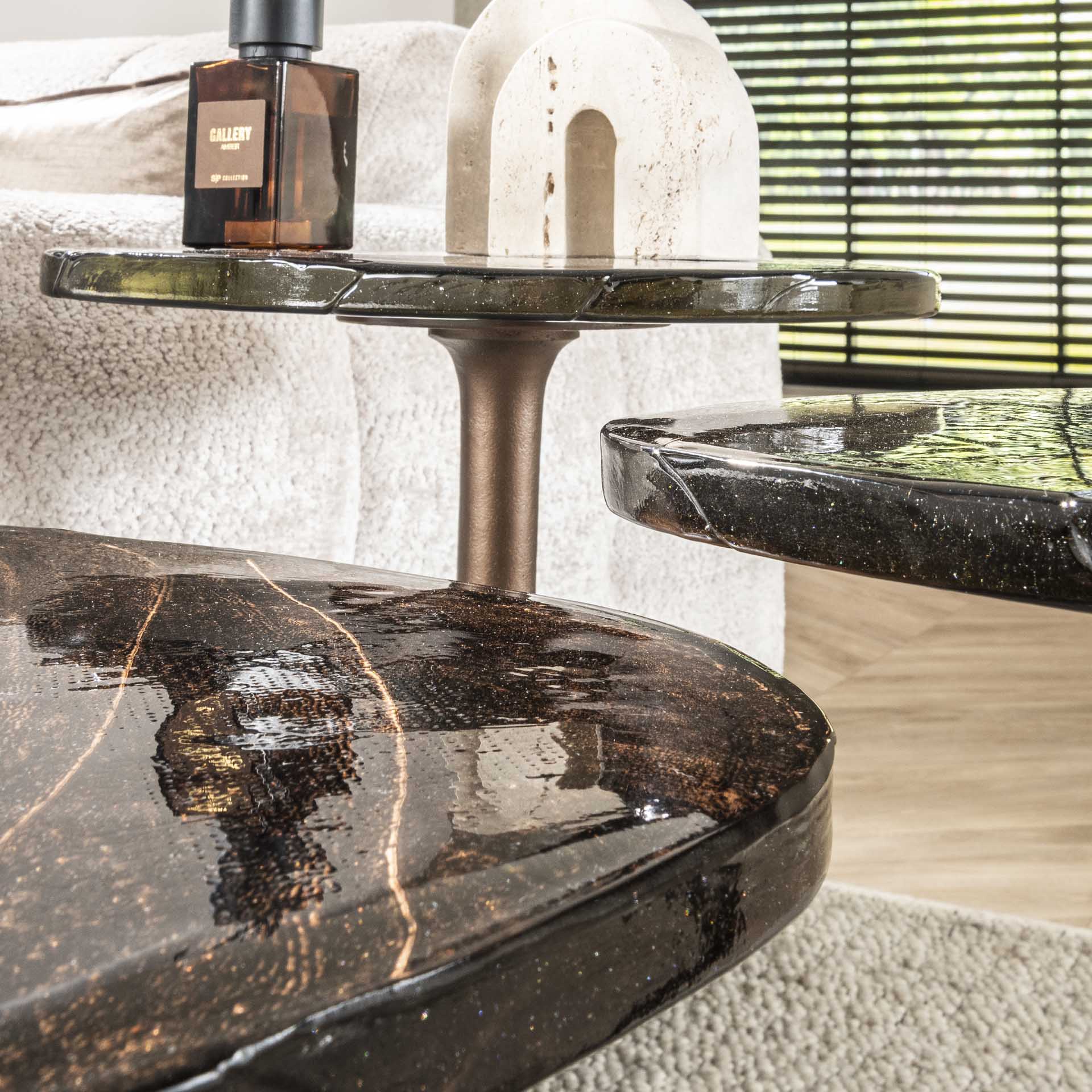 Retro Beistelltische Eclipse Glas Metall Antik-Kupfer L